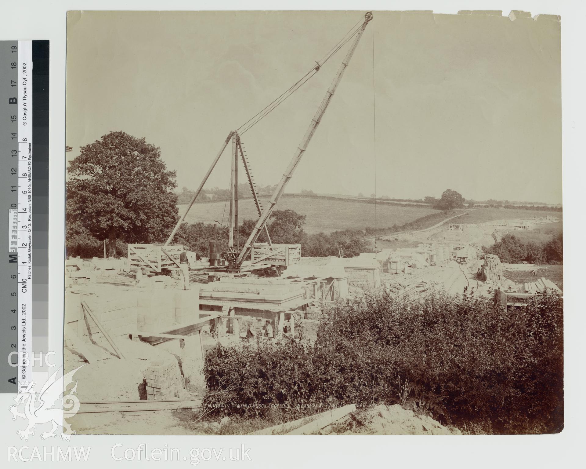 Black and white photograph of Elan Aqueduct showing Brook Crossing Carmel. Copy negative held.