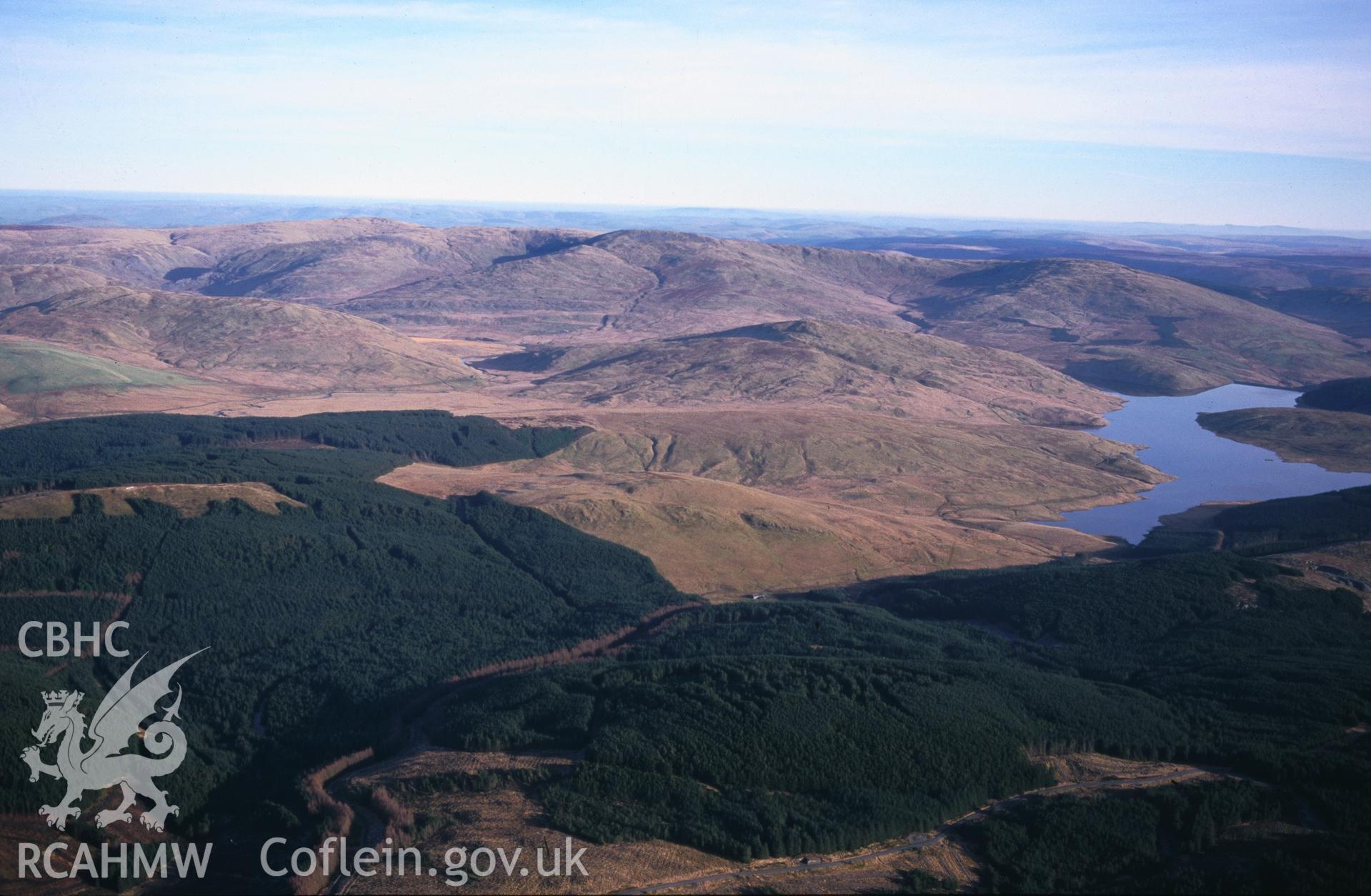 Slide of RCAHMW colour oblique aerial photograph of Nant-y-moch, taken by T.G. Driver, 2/1/2001.