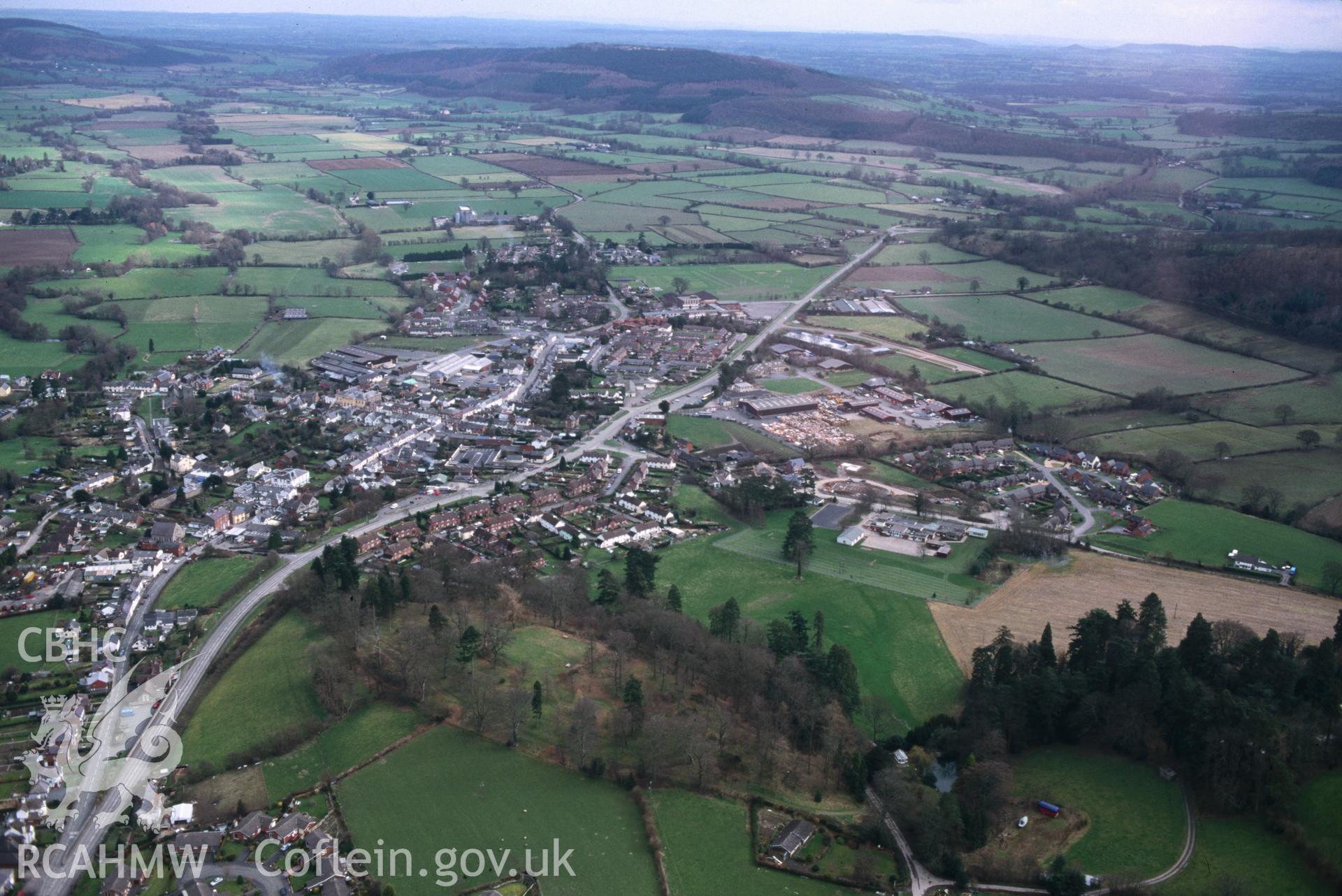 Slide of RCAHMW colour oblique aerial photograph of Presteigne, taken by C.R. Musson, 14/3/1999.