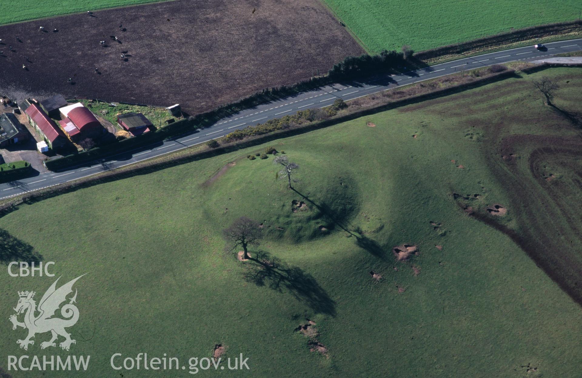 RCAHMW colour oblique aerial photograph of Mount Cop Castle taken on 12/03/1995 by C.R. Musson