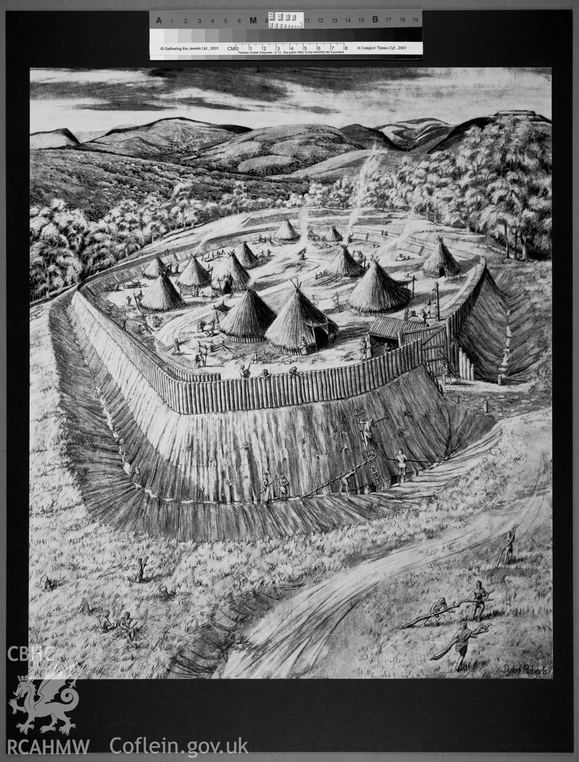 Photographic copy of conjectural reconstruction drawing of Hen Gaer Hillfort, Bow Street, produced as a  private commission by Dylan Roberts, 1980.