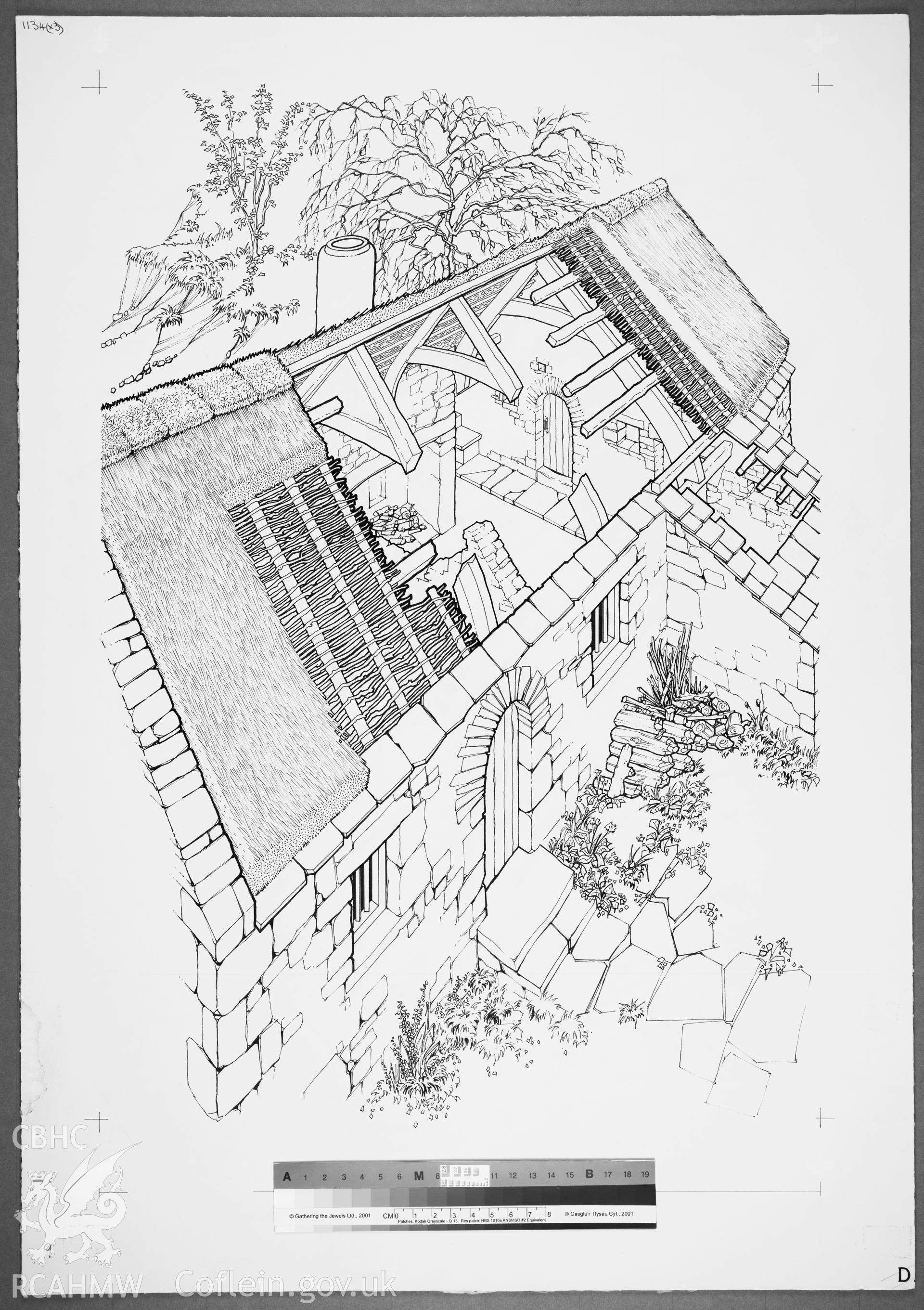 RCAHMW drawing showing cutaway view of Garn, Llanychar, published in Houses of the Welsh Countryside, fig 9.