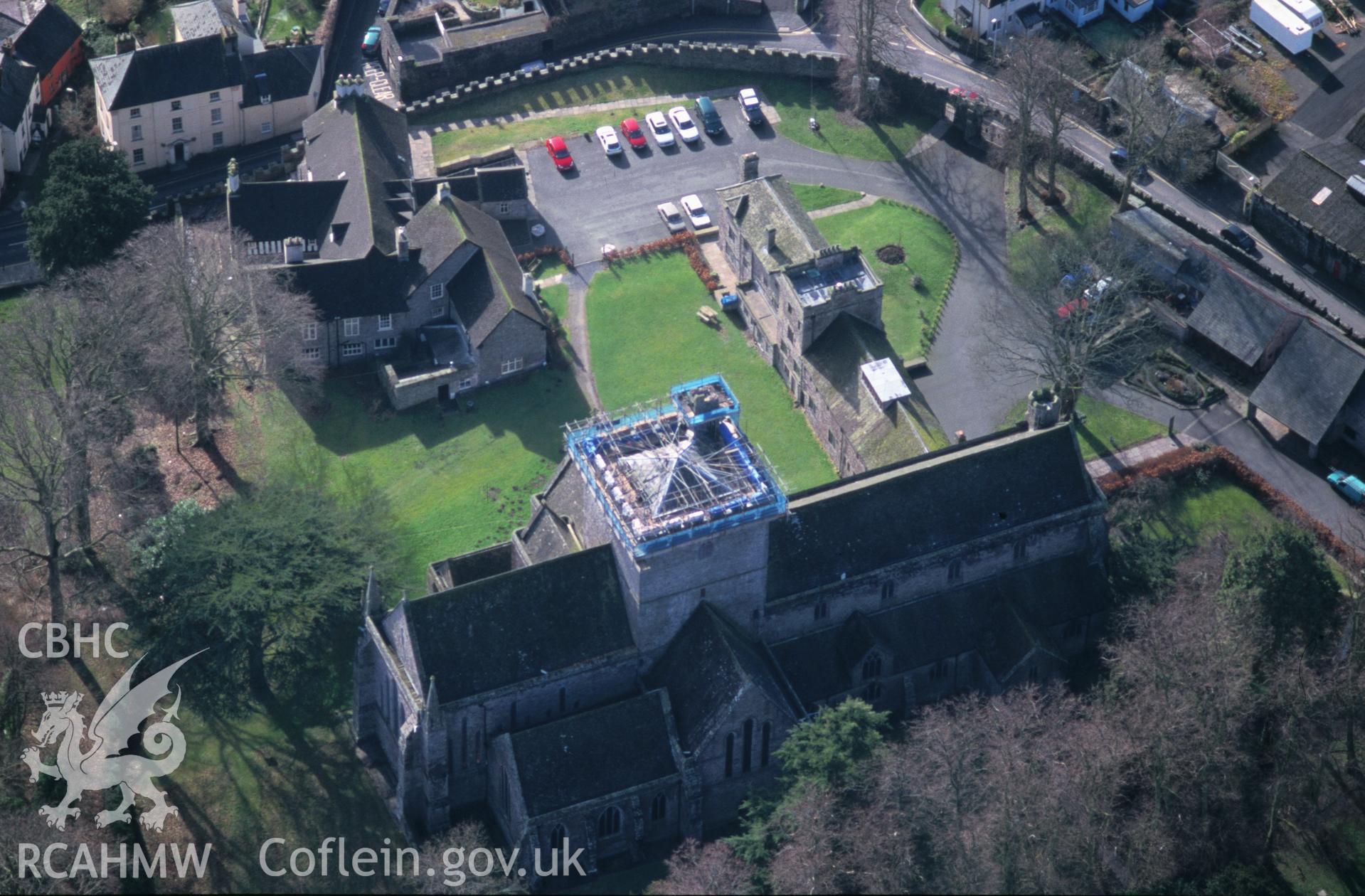 Slide of RCAHMW colour oblique aerial photograph of St John's Cathedral, Brecon, taken by T.G. Driver, 2/1/2001.