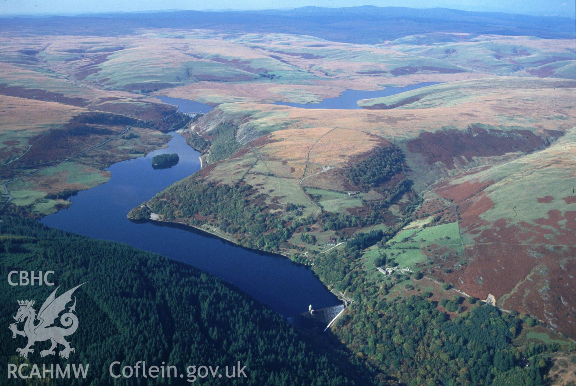 Slide of RCAHMW colour oblique aerial photograph of Garreg Ddu Dam, taken by C.R. Musson, 13/10/1992.