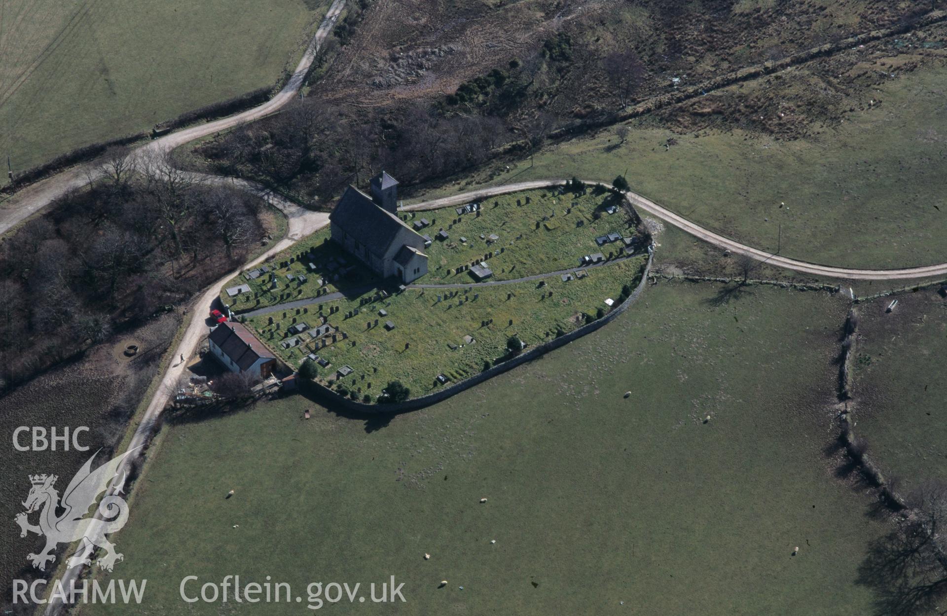 RCAHMW colour oblique aerial photograph of Gwnnws Church, Tynygraig taken on 23/03/1995 by C.R. Musson