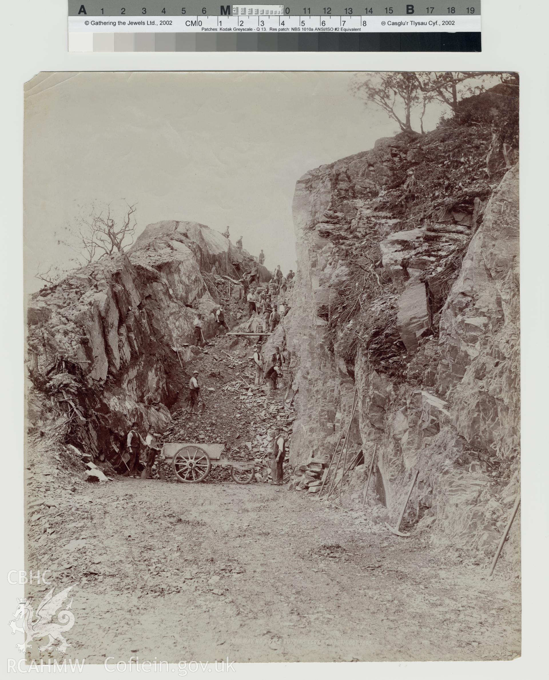 Black and white photograph of Elan Valley Railway, Devil's Gulch, showing deep cutting looking North. Copy negative held.