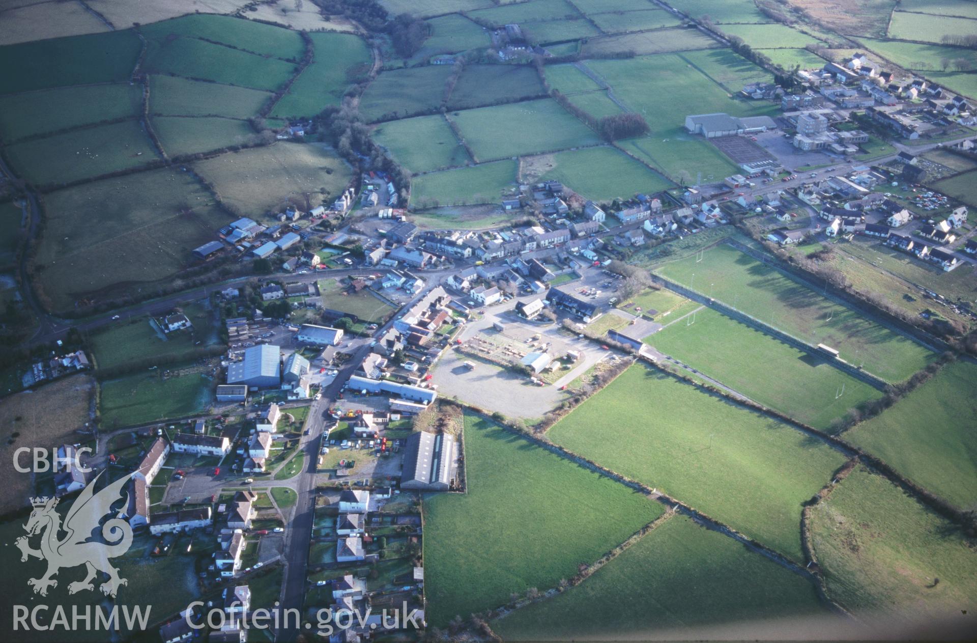 Slide of RCAHMW colour oblique aerial photograph of Crymych, taken by T.G. Driver, 27/1/1998.