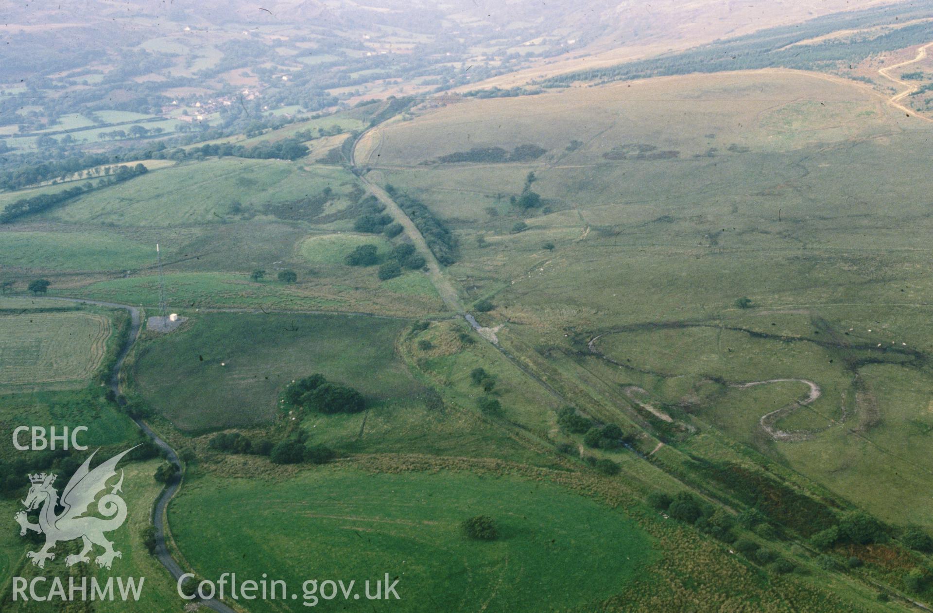 Slide of RCAHMW colour oblique aerial photograph of Nant-y-ffin Causeway, Brecon Forest Tramroad, taken by C.R. Musson, 7/9/1988.