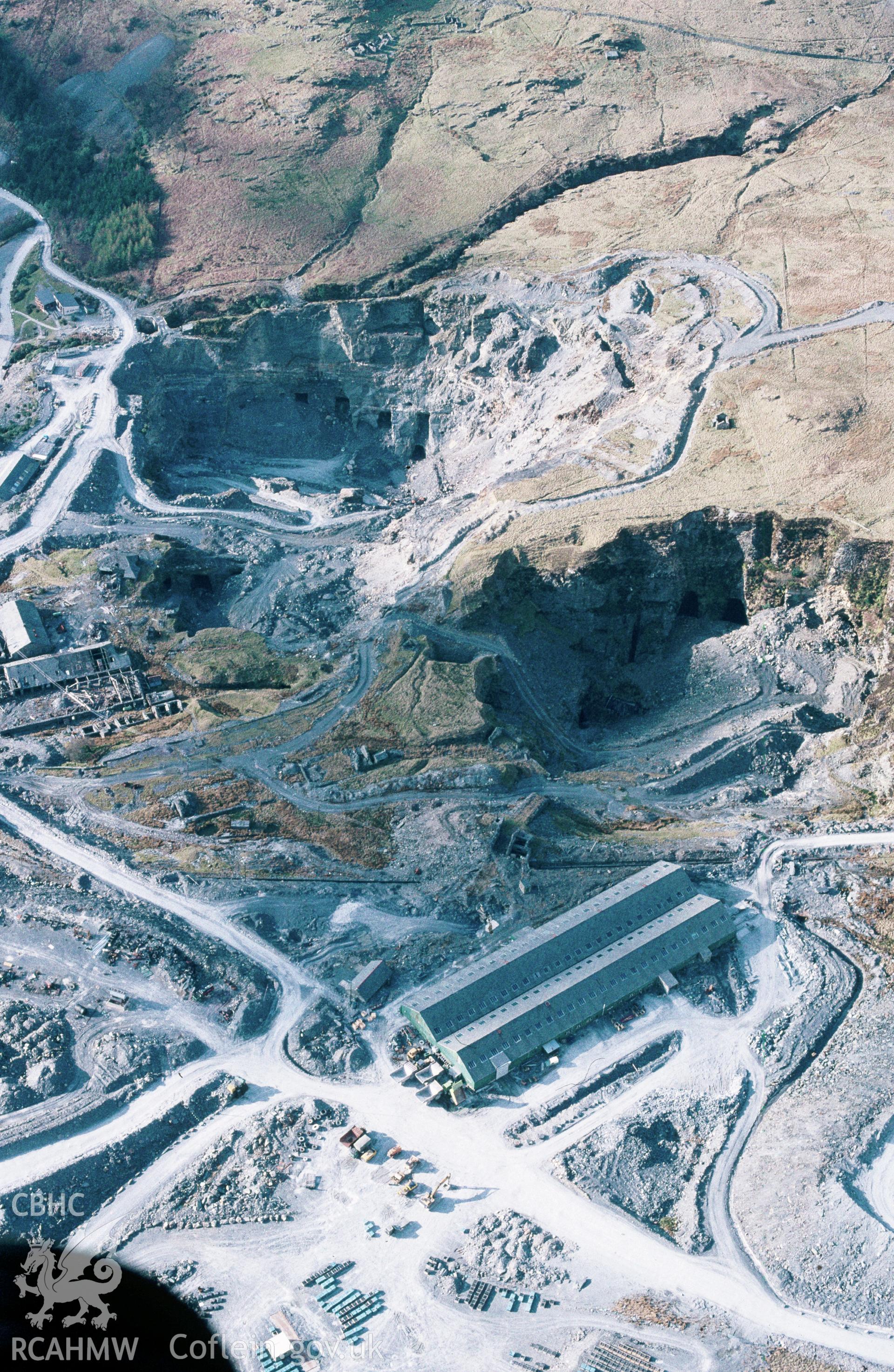 RCAHMW colour slide oblique aerial photograph of Llechwedd Slate Quarries, Ffestiniog, taken by C.R. Musson, 17/04/94