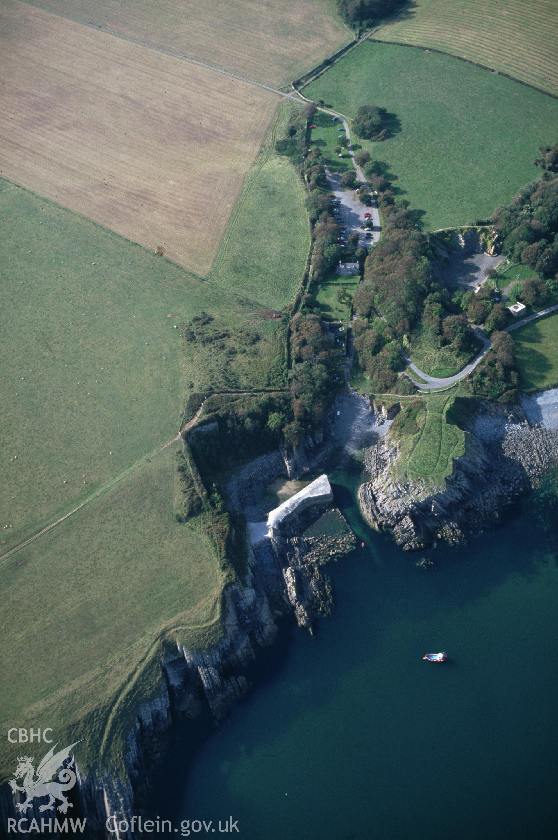 Slide of RCAHMW colour oblique aerial photograph of Stackpole Quay, taken by C.R. Musson, 27/9/1990.