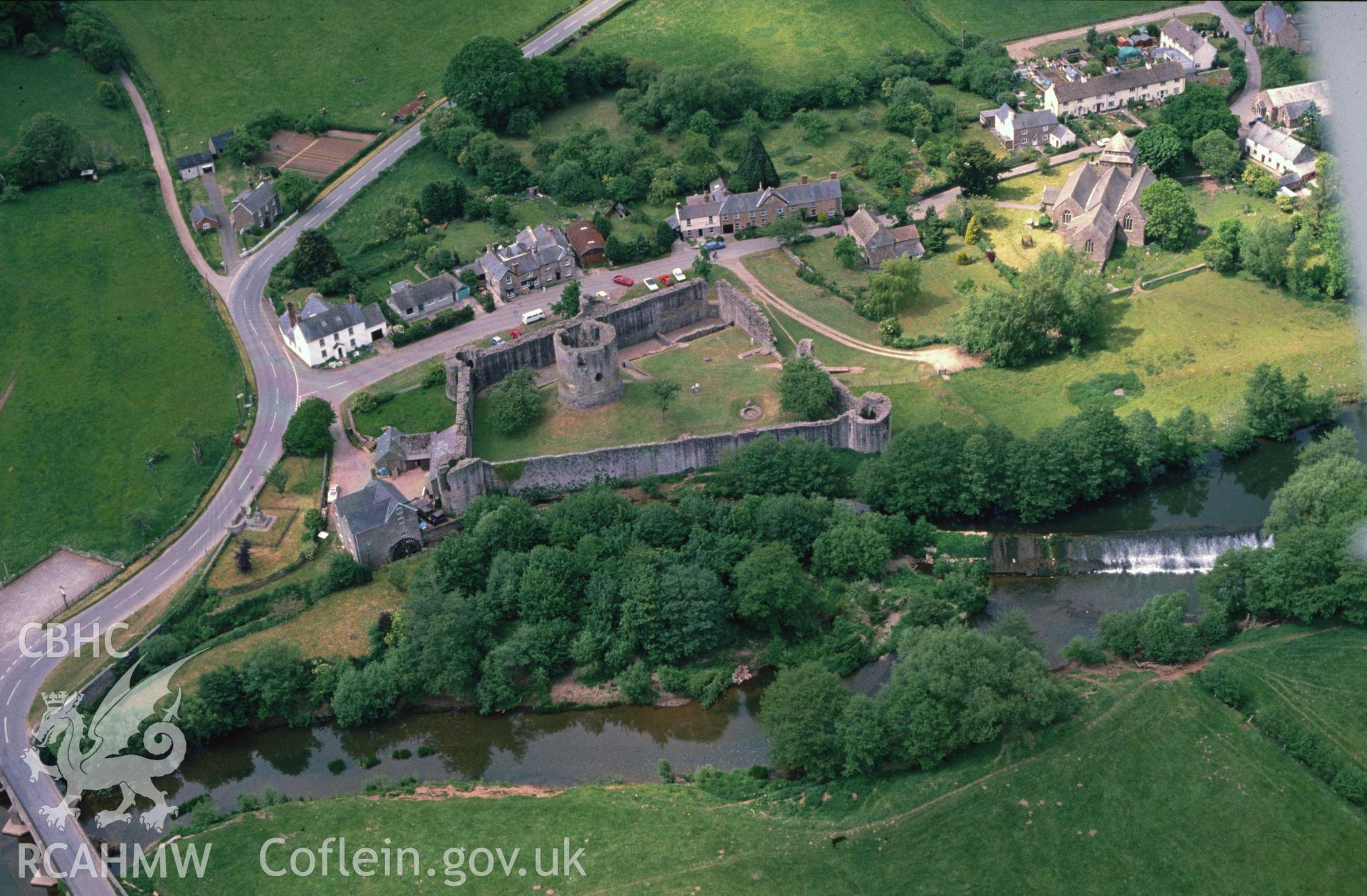 Slide of RCAHMW colour oblique aerial photograph of Skenfrith Castle, taken by C.R. Musson, 24/5/1990.