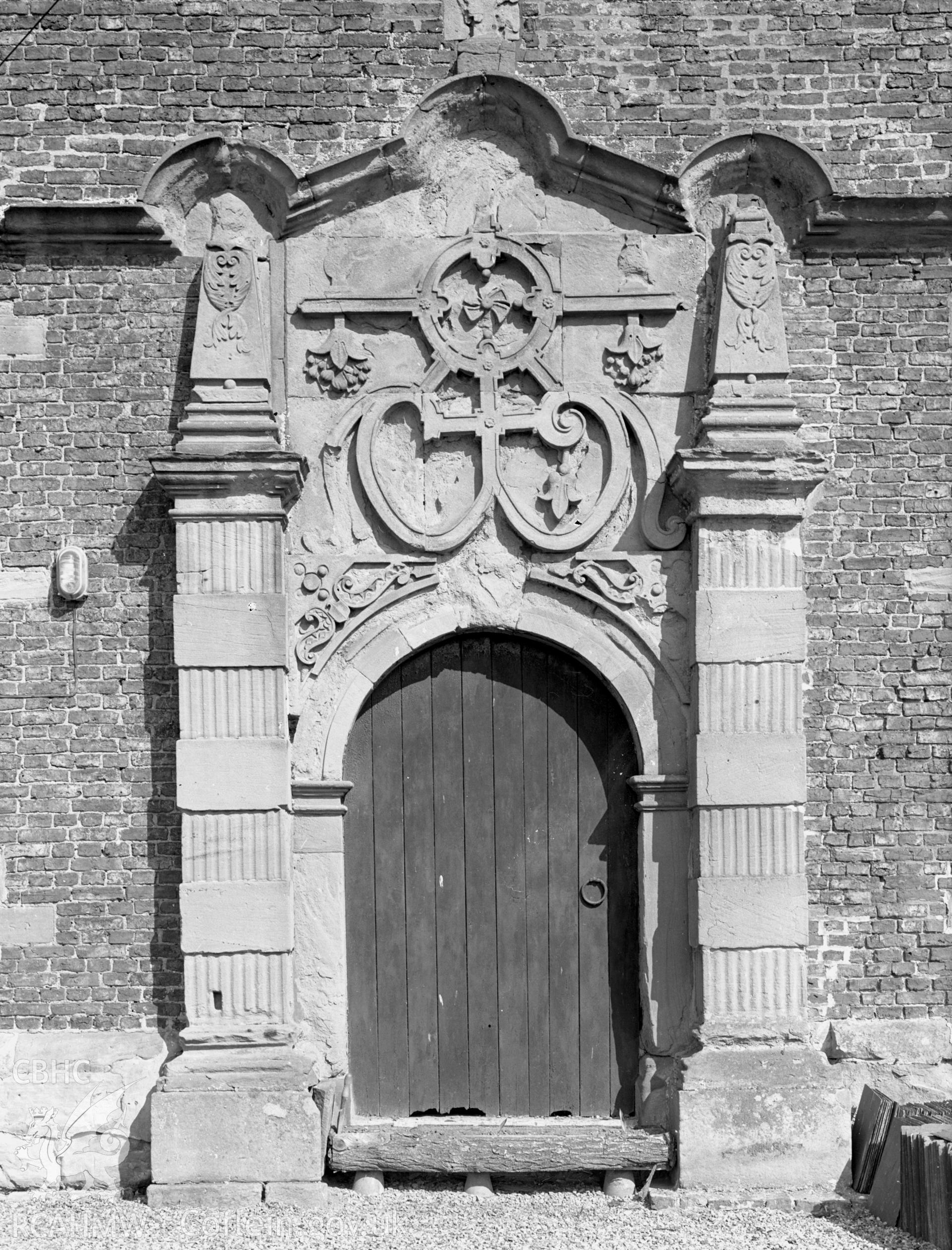 A view of the Main entrance Jacobean style doorway in detail. No longer in use.