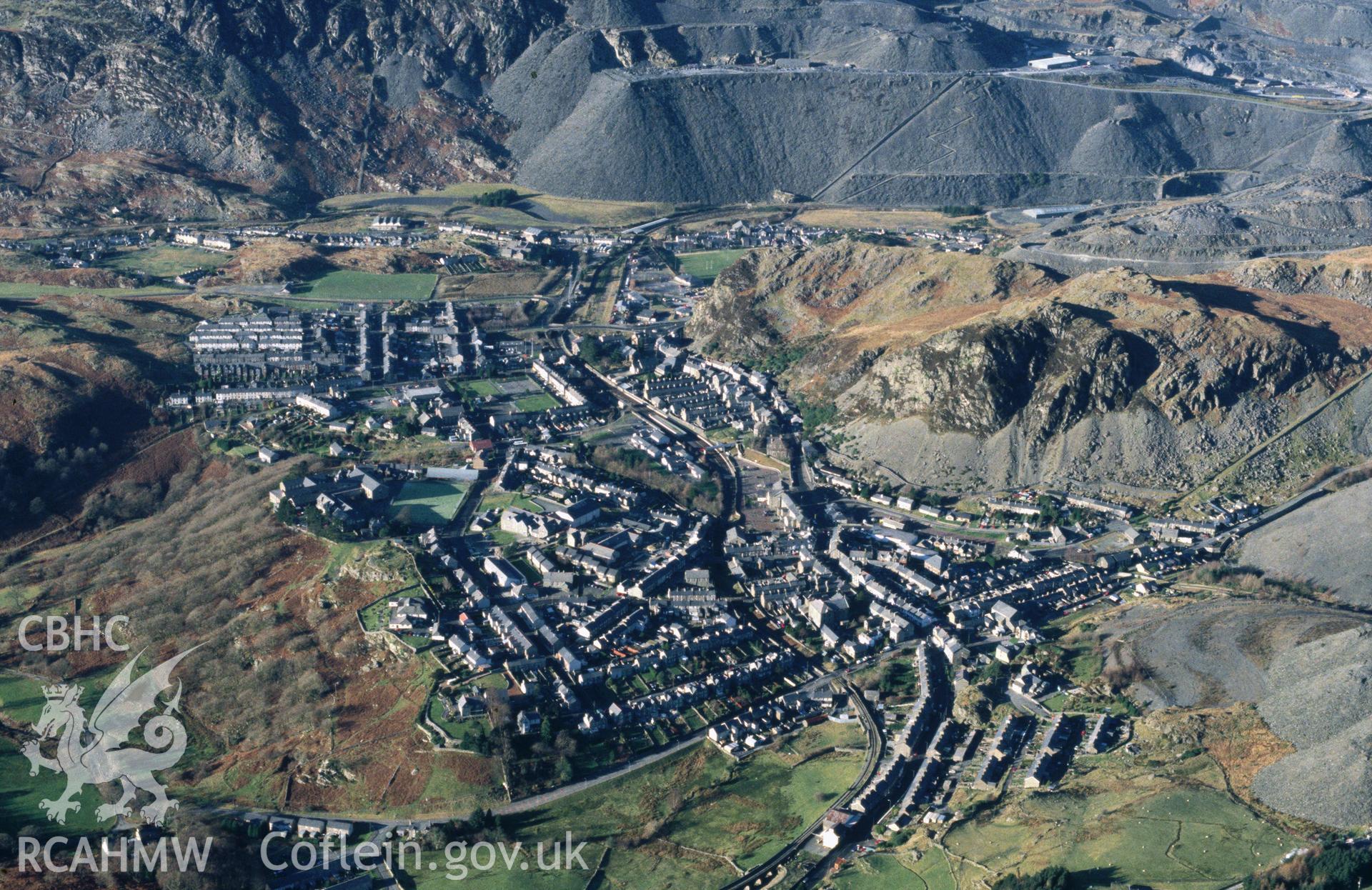 Slide of RCAHMW colour oblique aerial photograph of Blaenau Ffestiniog, taken by T.G. Driver, 17/12/2001.