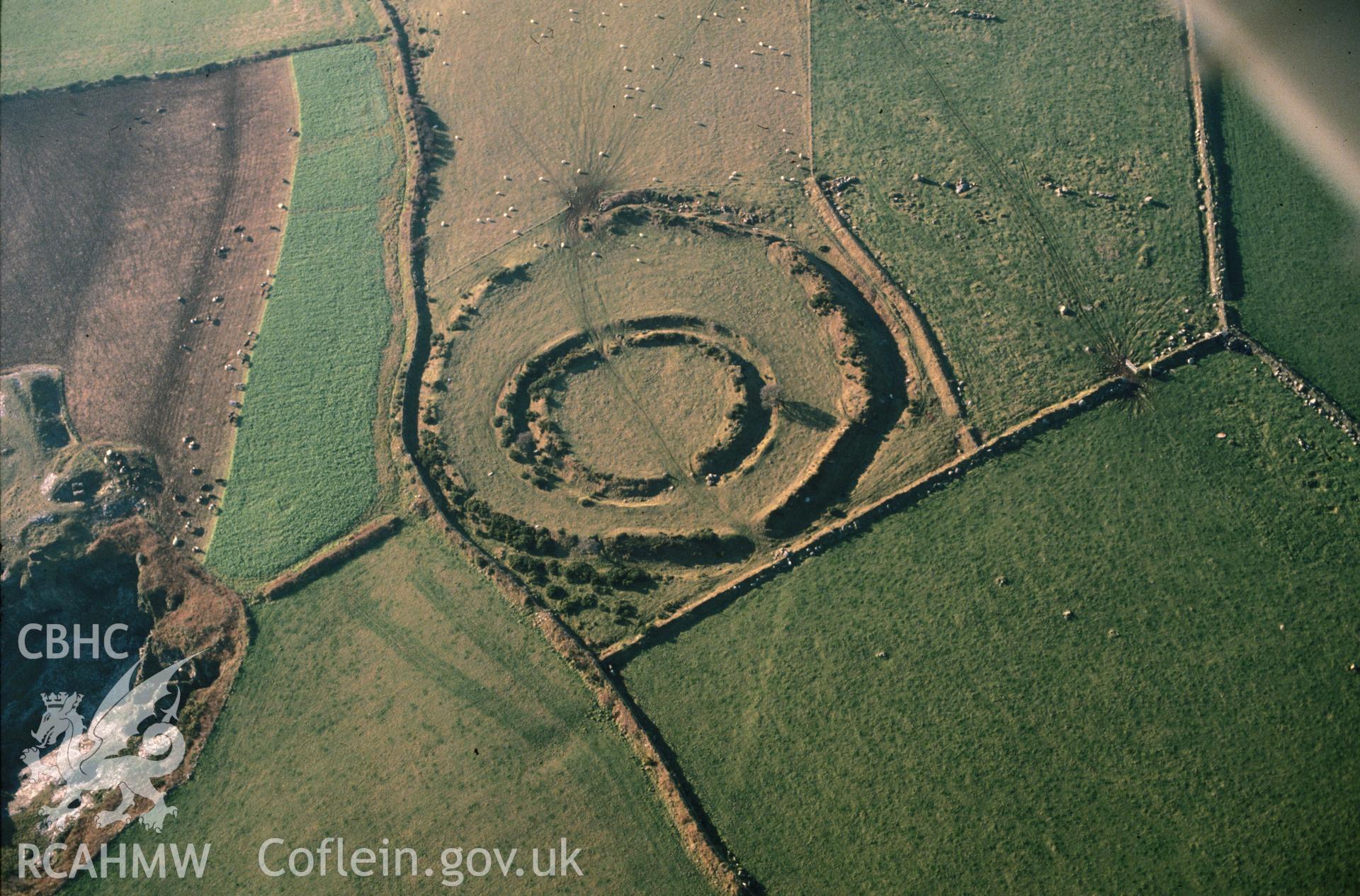 Slide of RCAHMW colour oblique aerial photograph of Summerton Camp, taken by C.R. Musson, 15/12/1990.