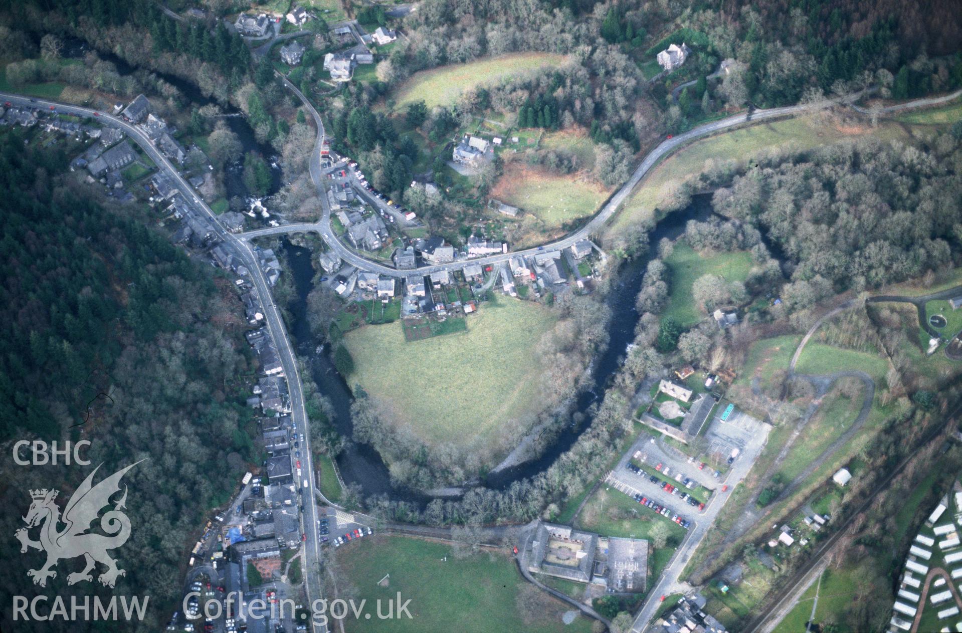 Slide of RCAHMW colour oblique aerial photograph of Betws Y Coed, taken by T.G. Driver, 14/2/2002.