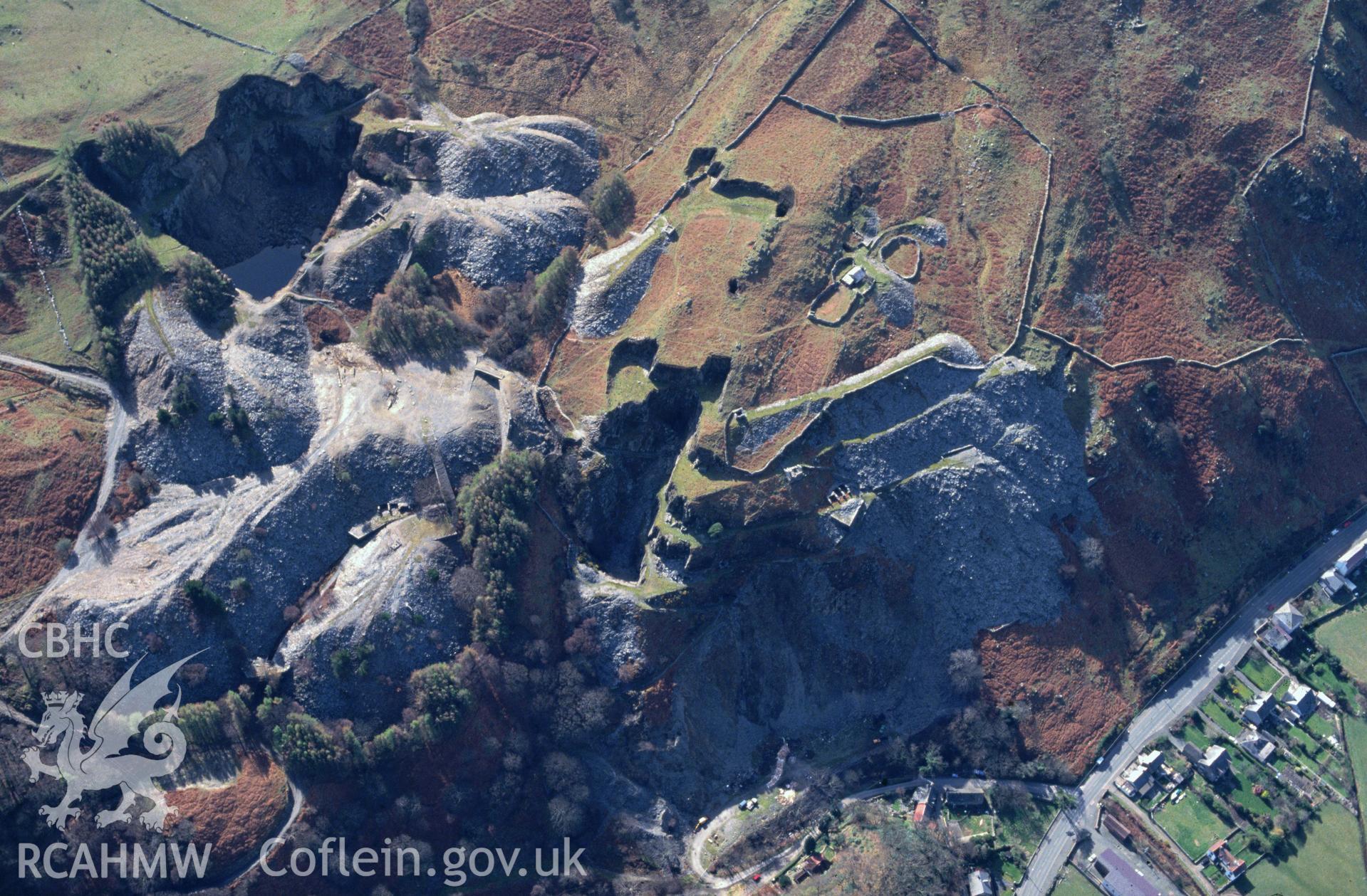 Slide of RCAHMW colour oblique aerial photograph of Friog Quarry, Arthog, taken by C.R. Musson, 25/3/1993.