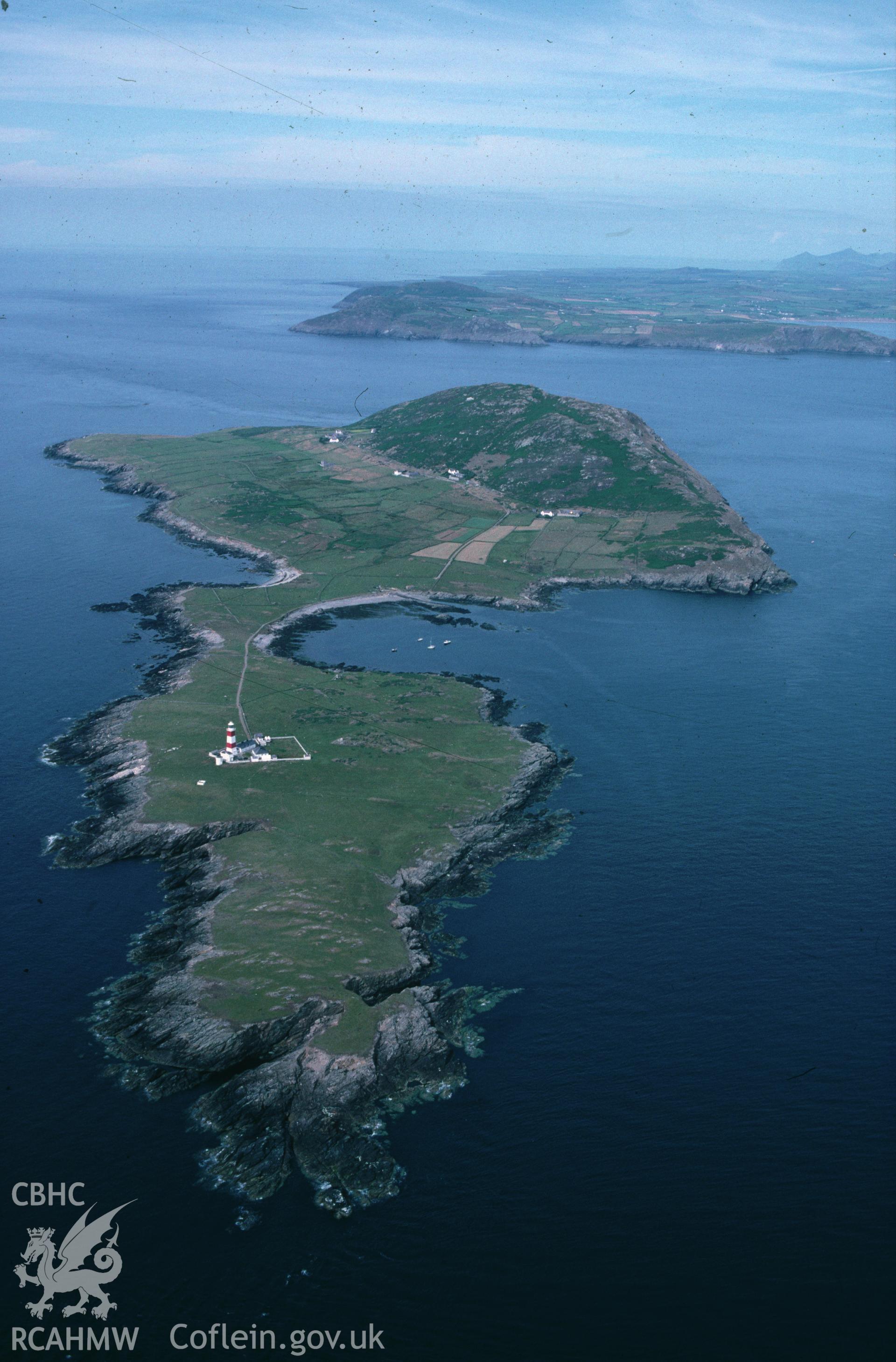 Slide of RCAHMW colour oblique aerial photograph of Bardsey Island, taken by C.R. Musson, 27/7/1996.