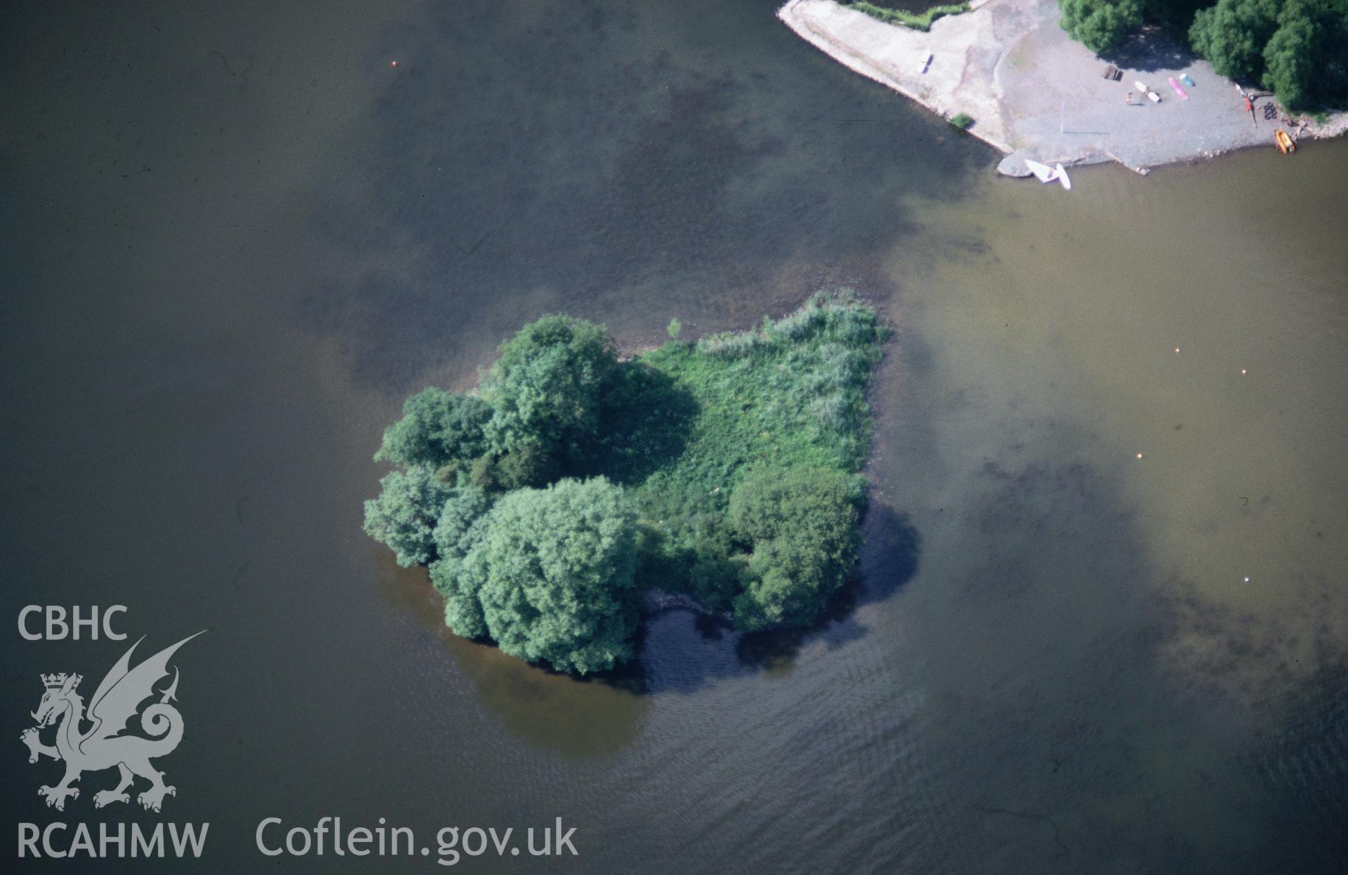 Slide of RCAHMW colour oblique aerial photograph of Llangorse Lake, taken by C.R. Musson, 29/6/1989.