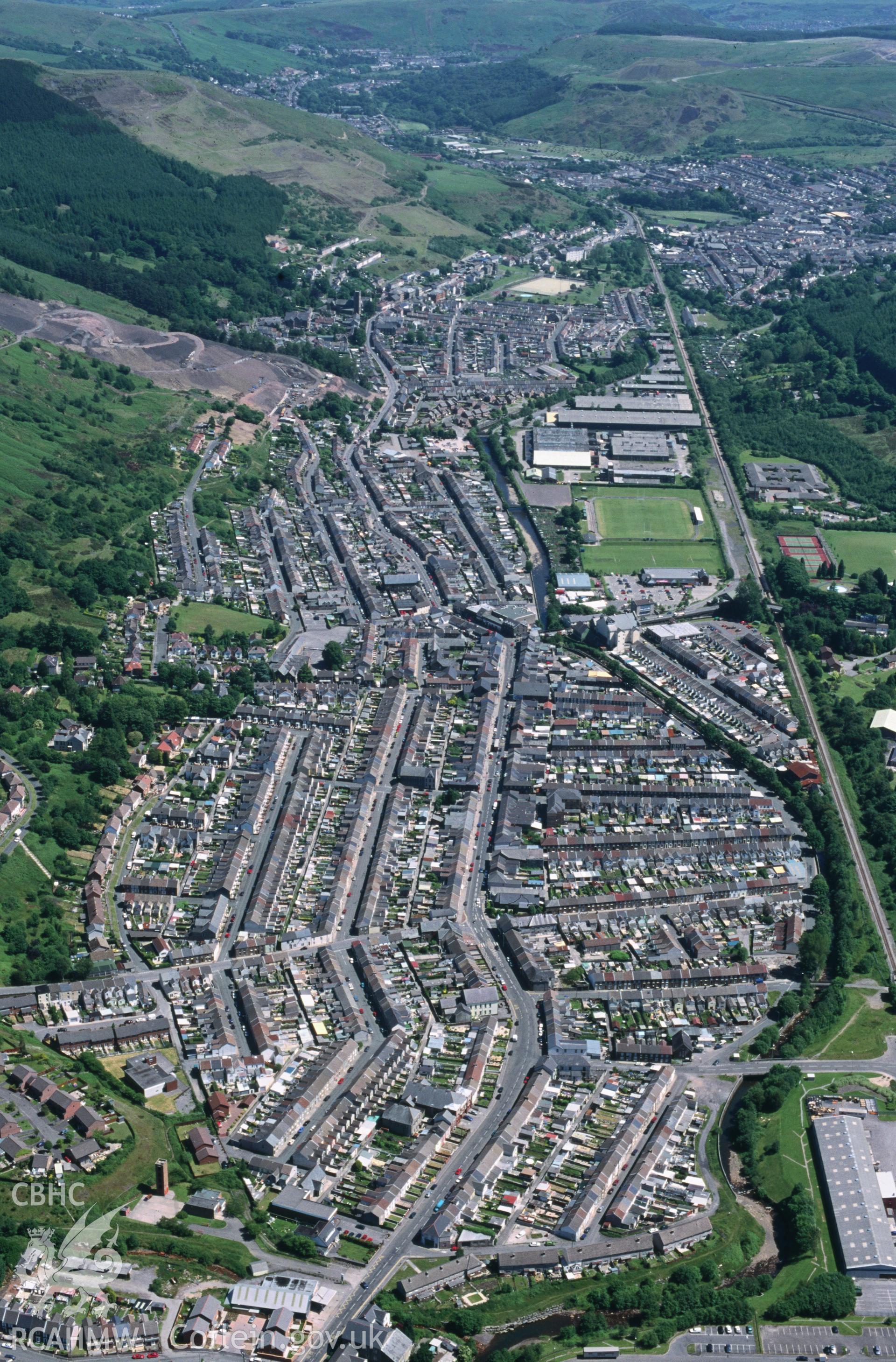 Slide of RCAHMW colour oblique aerial photograph of Treorchy Townscape, taken by T.G. Driver, 21/6/2001.