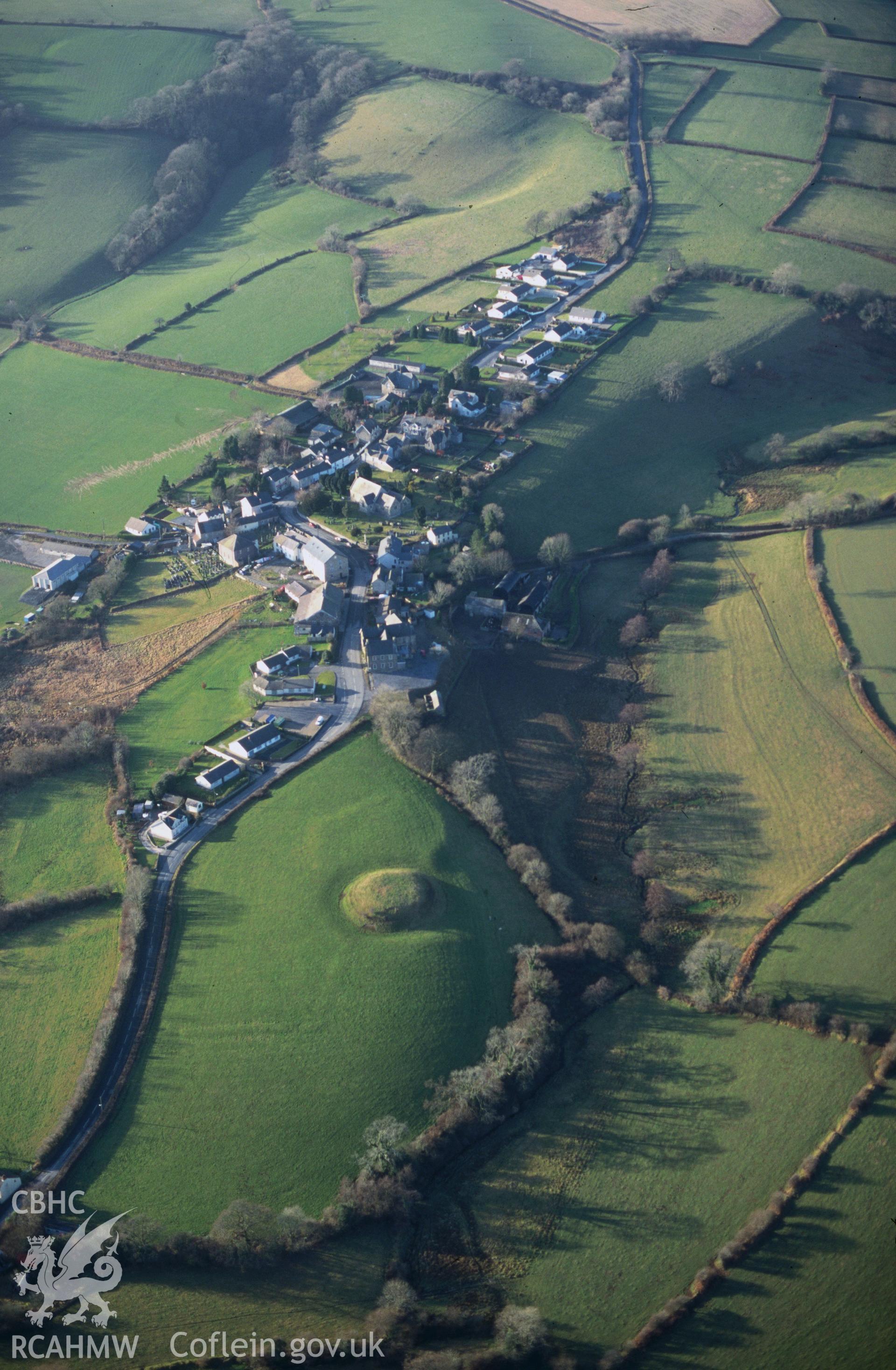 Slide of RCAHMW colour oblique aerial photograph of Castell Mawr, Llanboidy, taken by C.R. Musson, 2/2/1997.