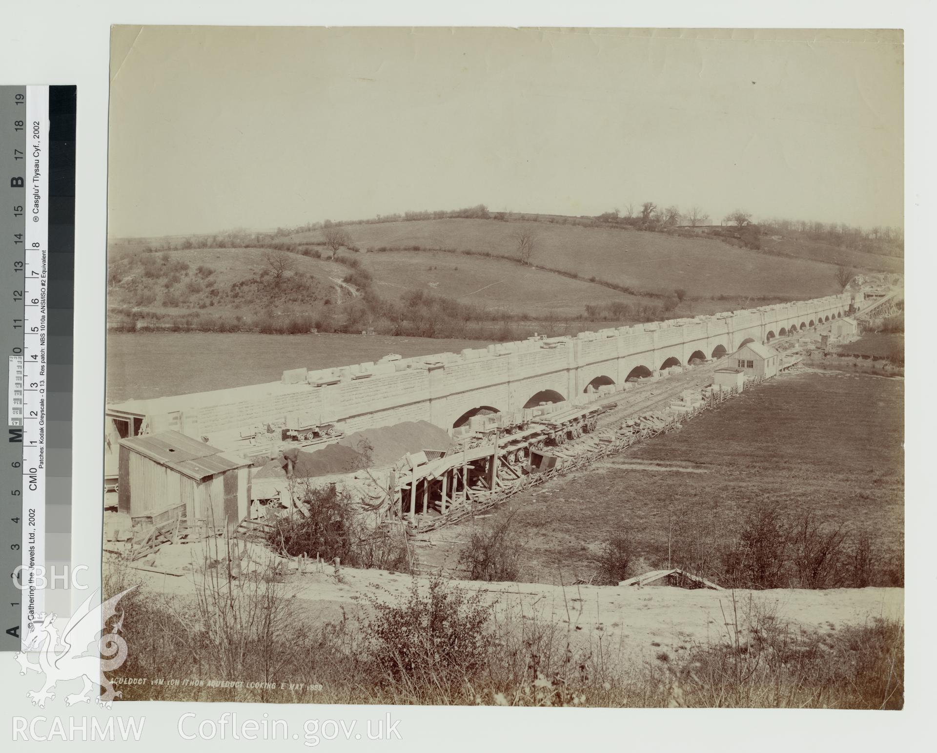 Black and white photograph of Ithon Aqueduct looking East. Copy negative held.