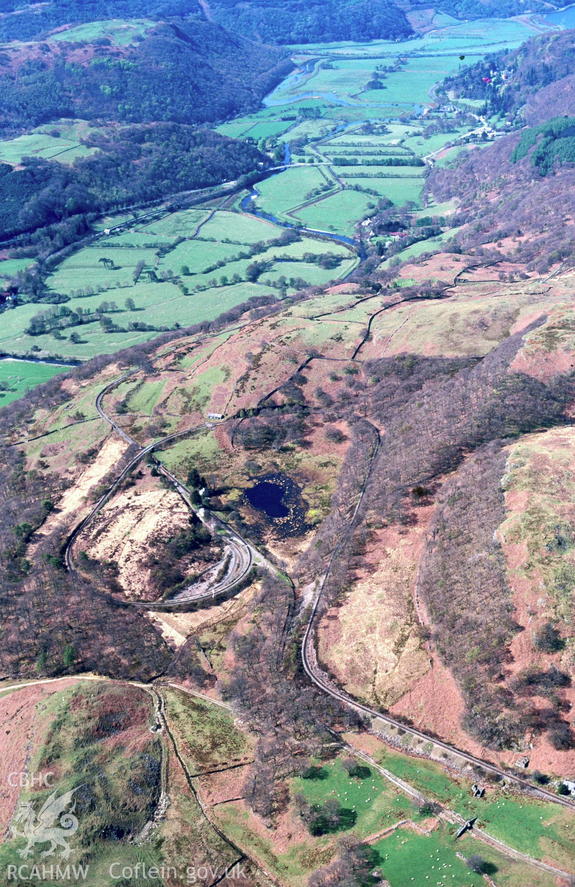 RCAHMW colour slide oblique aerial photograph of Dduallt Station, Ffestiniog, taken by C.R.Musson on the 05/05/1996