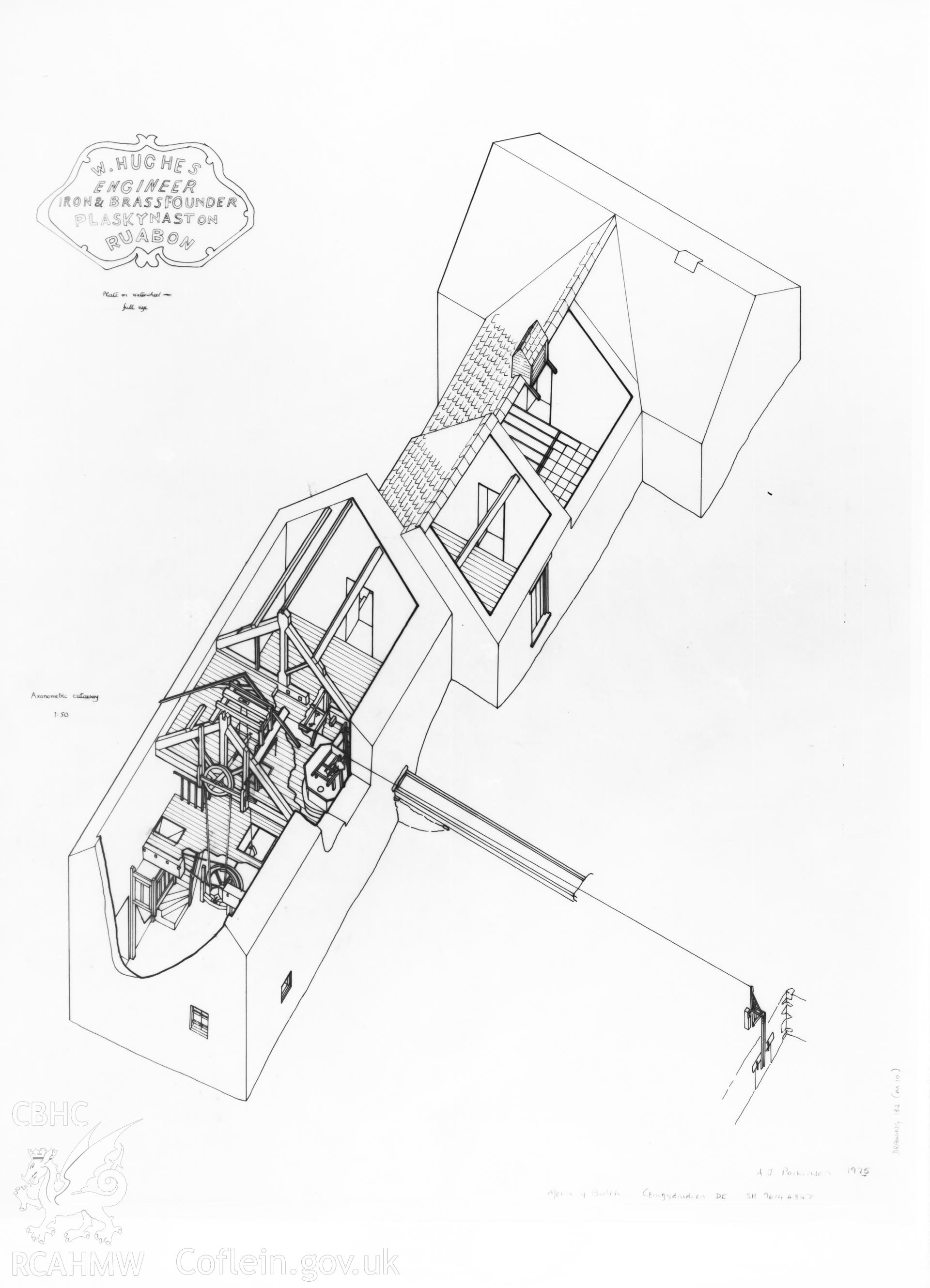 RCAHMW drawing by Tony Parkinson, showing axonometric cutaway and detail at Melin y Bwlch, Cerrig y Druidion.