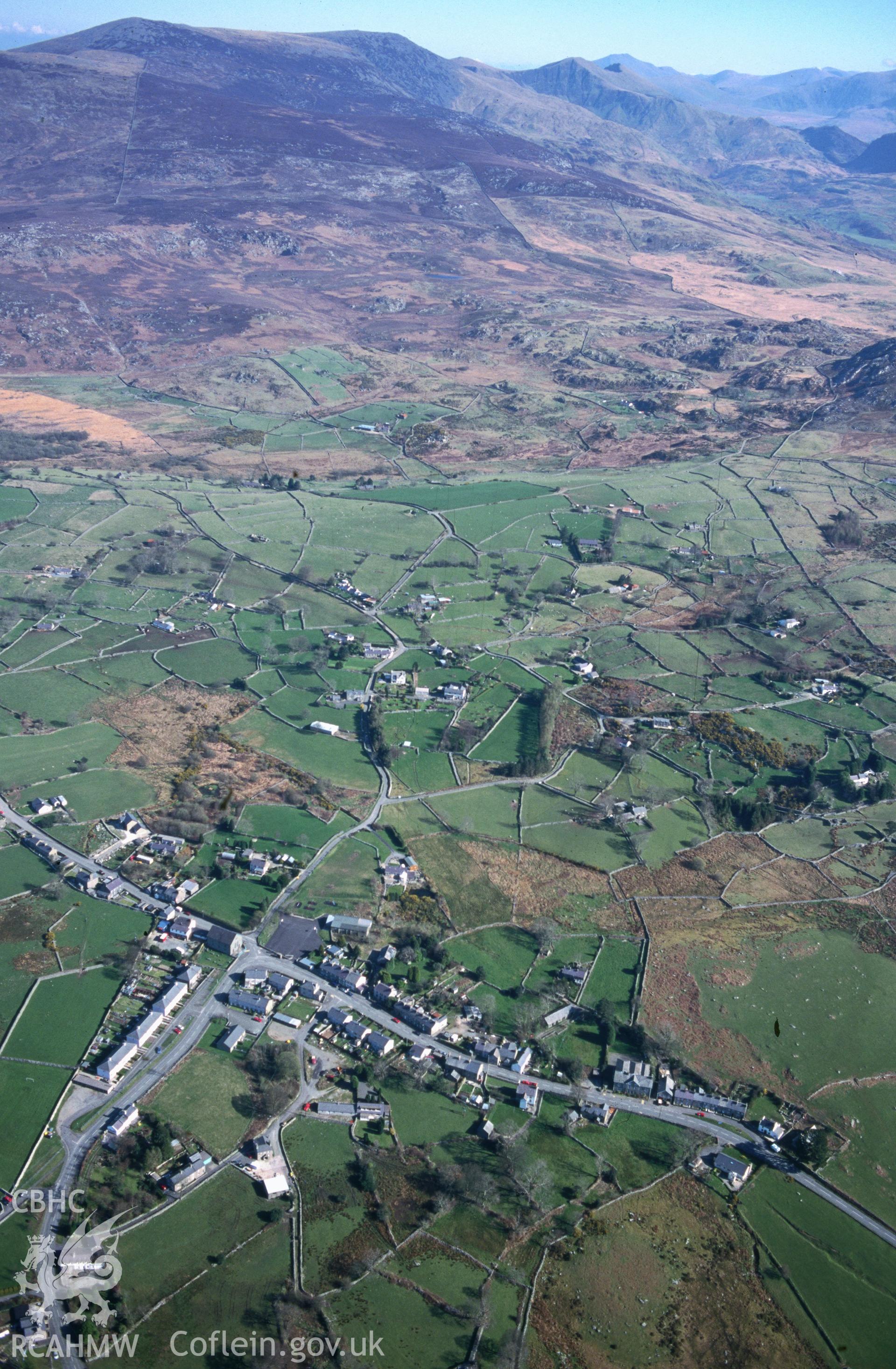 Slide of RCAHMW colour oblique aerial photograph of Garndolbenmaen, taken by T.G. Driver, 30/3/2000.