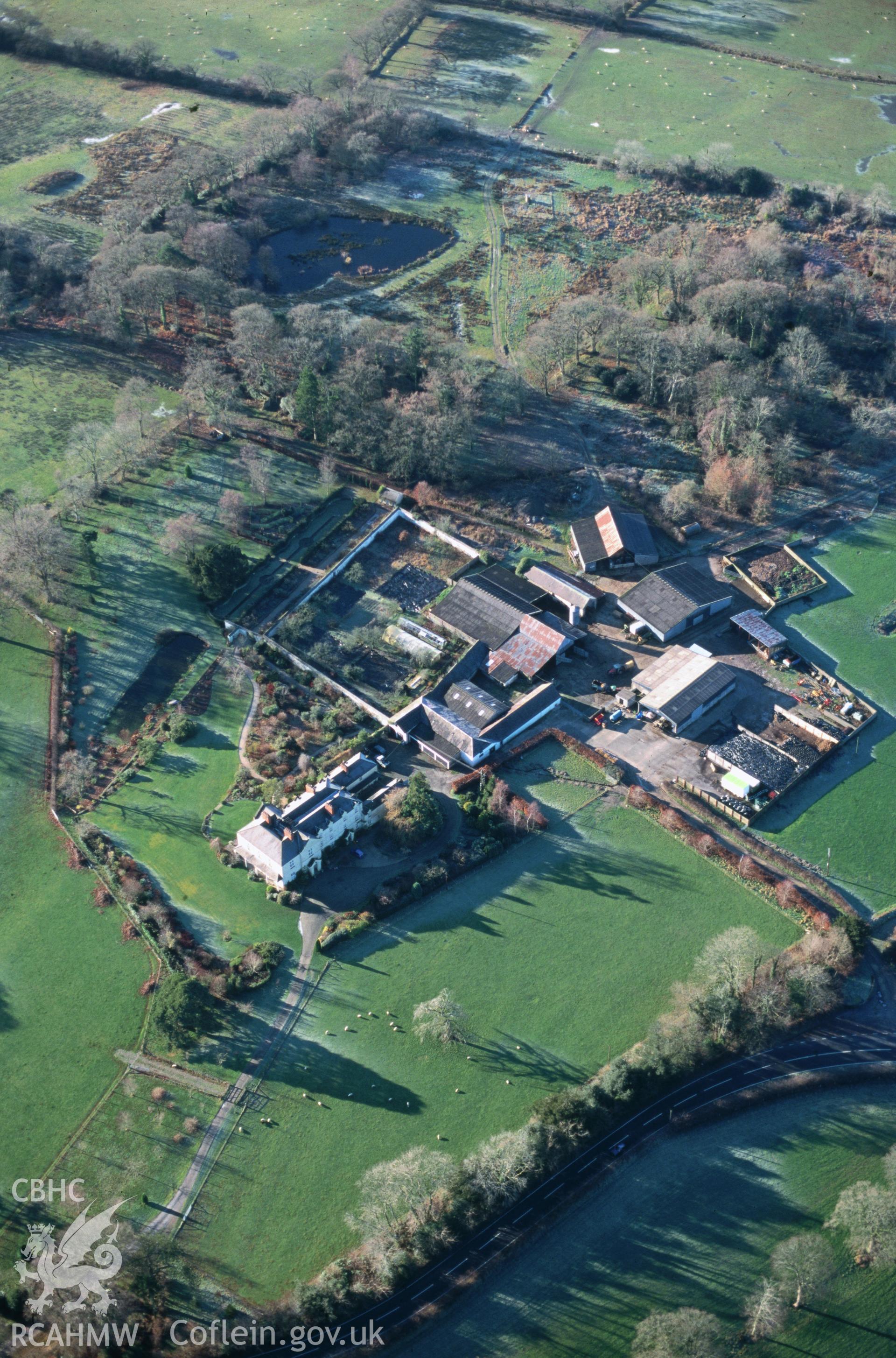 Slide of RCAHMW colour oblique aerial photograph of Llanllyr, taken by T.G. Driver, 19/12/1999.