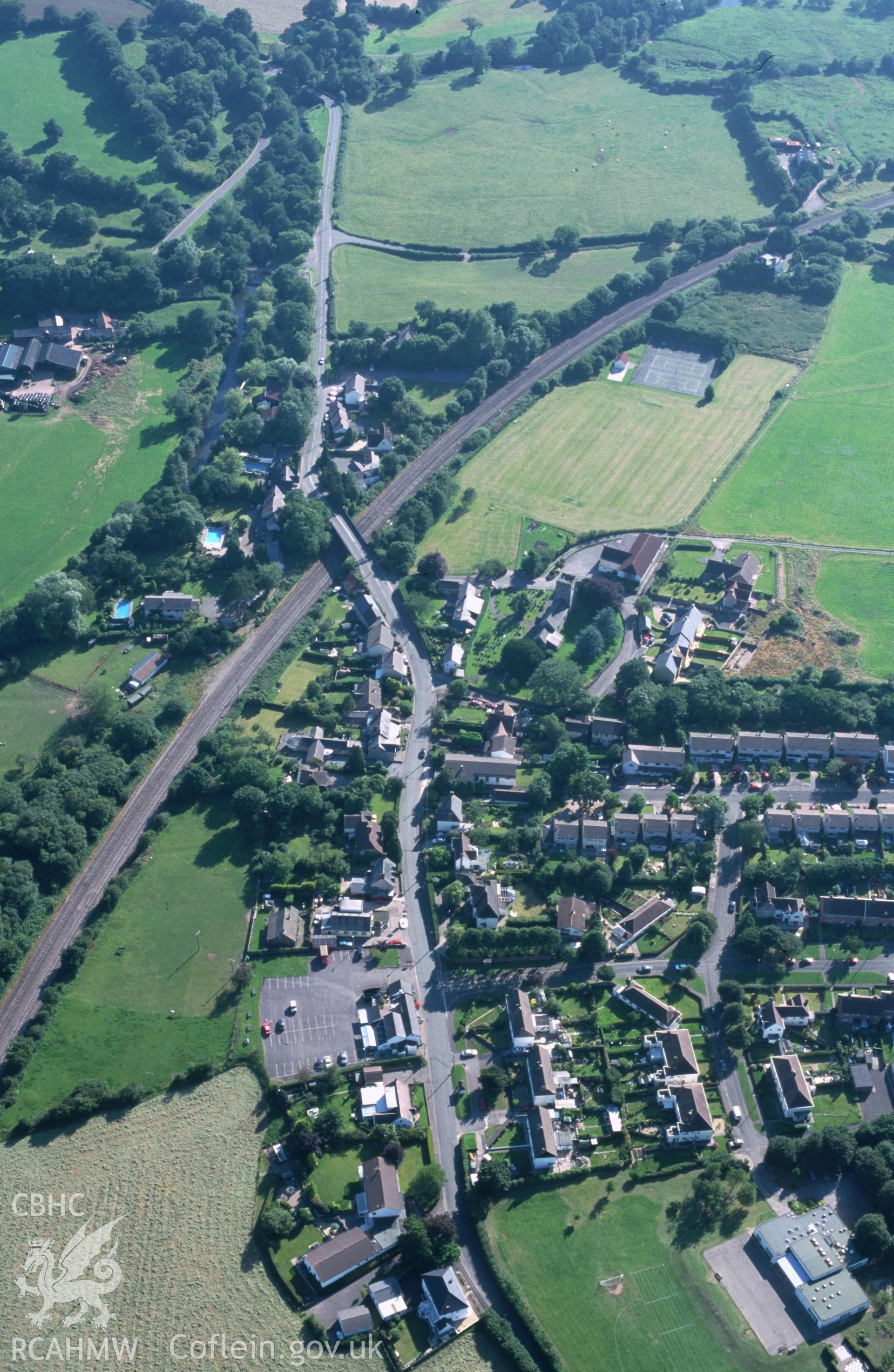 Slide of RCAHMW colour oblique aerial photograph of Peterston-super-ely, taken by T.G. Driver, 18/7/2000.