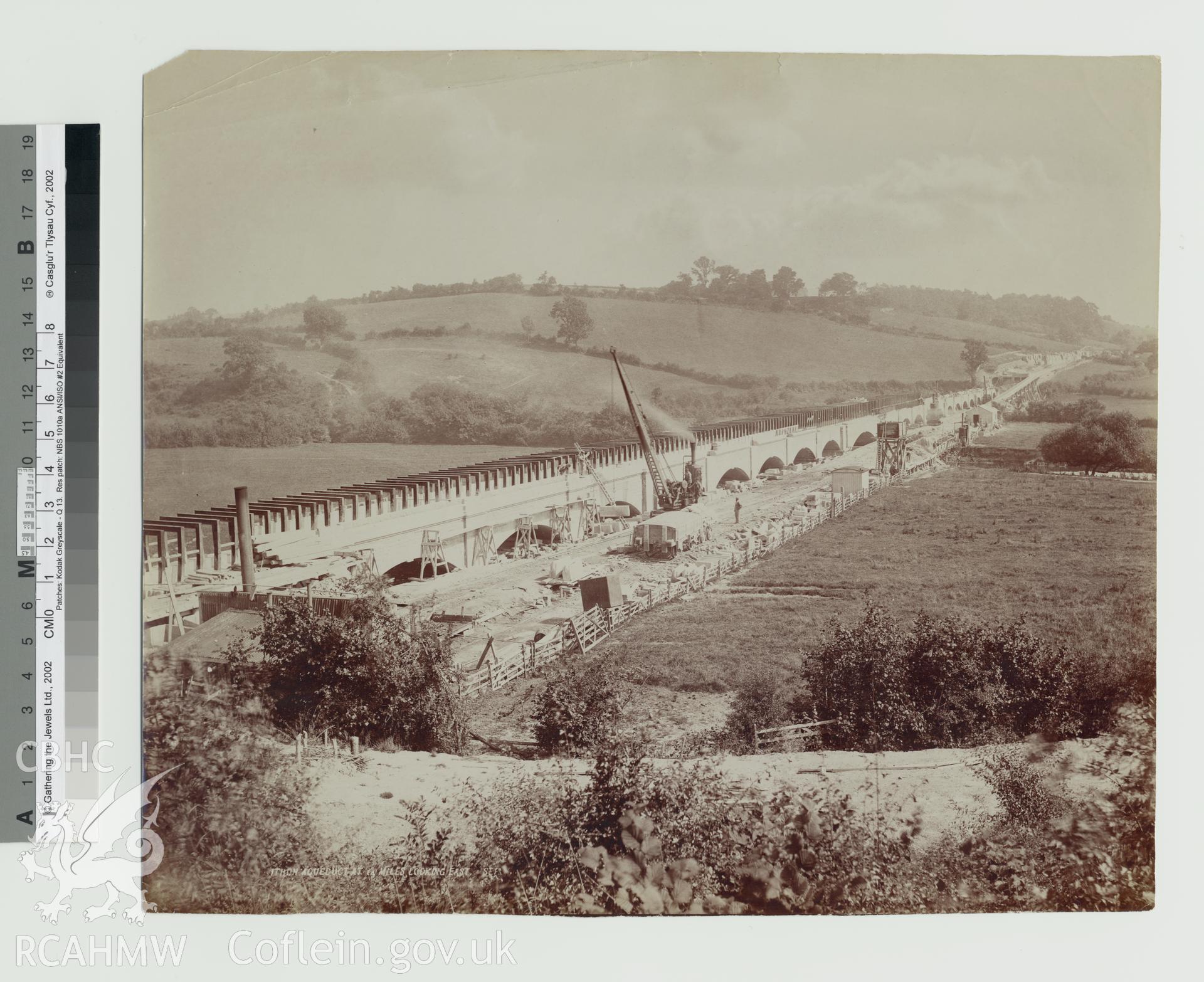 Black and white photograph of Ithon Aqueduct showing view looking East. Copy negative held.