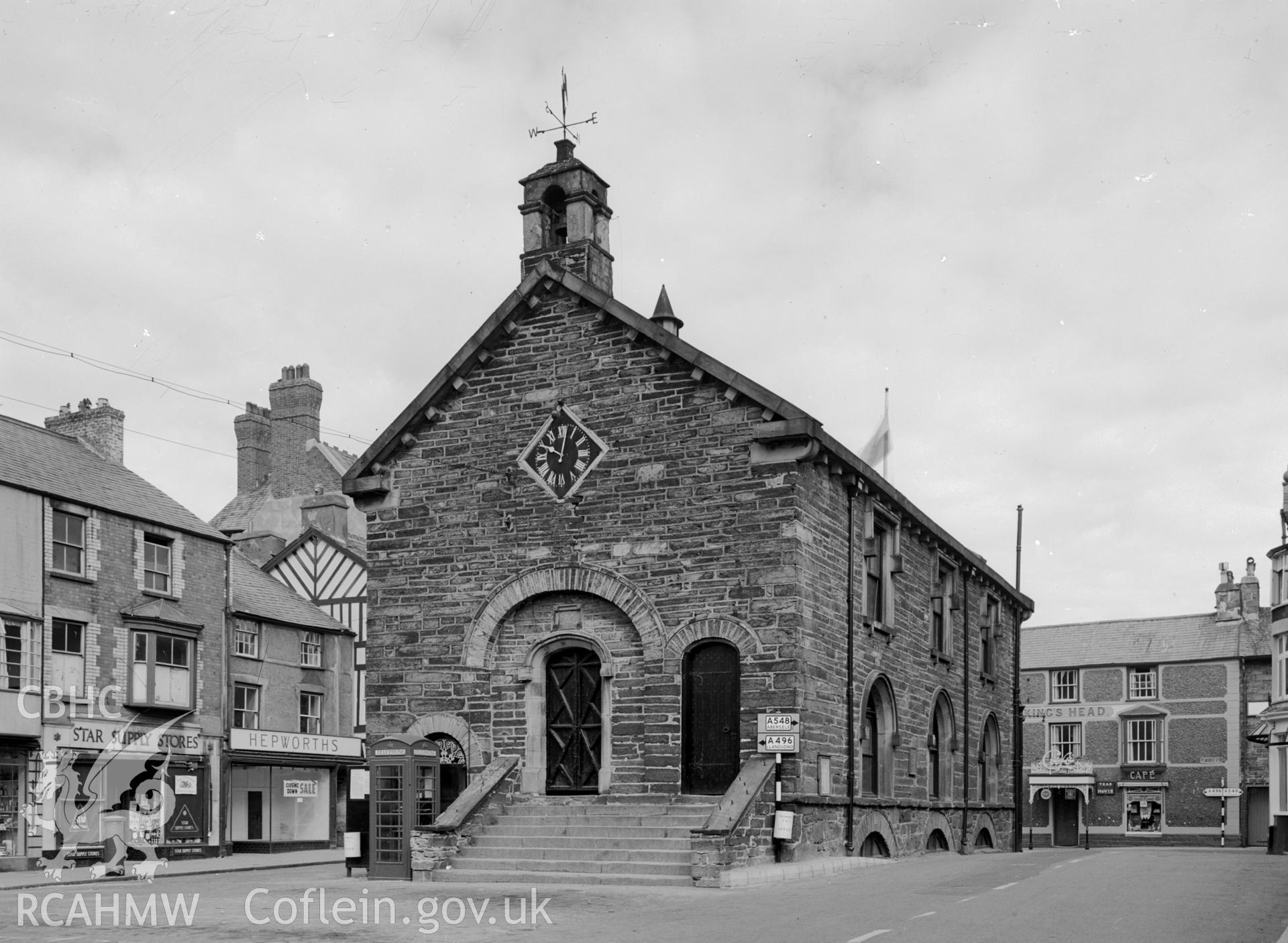 Black and white photographic survey of Town Hall, Llanrwst, produced by George Bernard Mason as part of the National Buildings Record