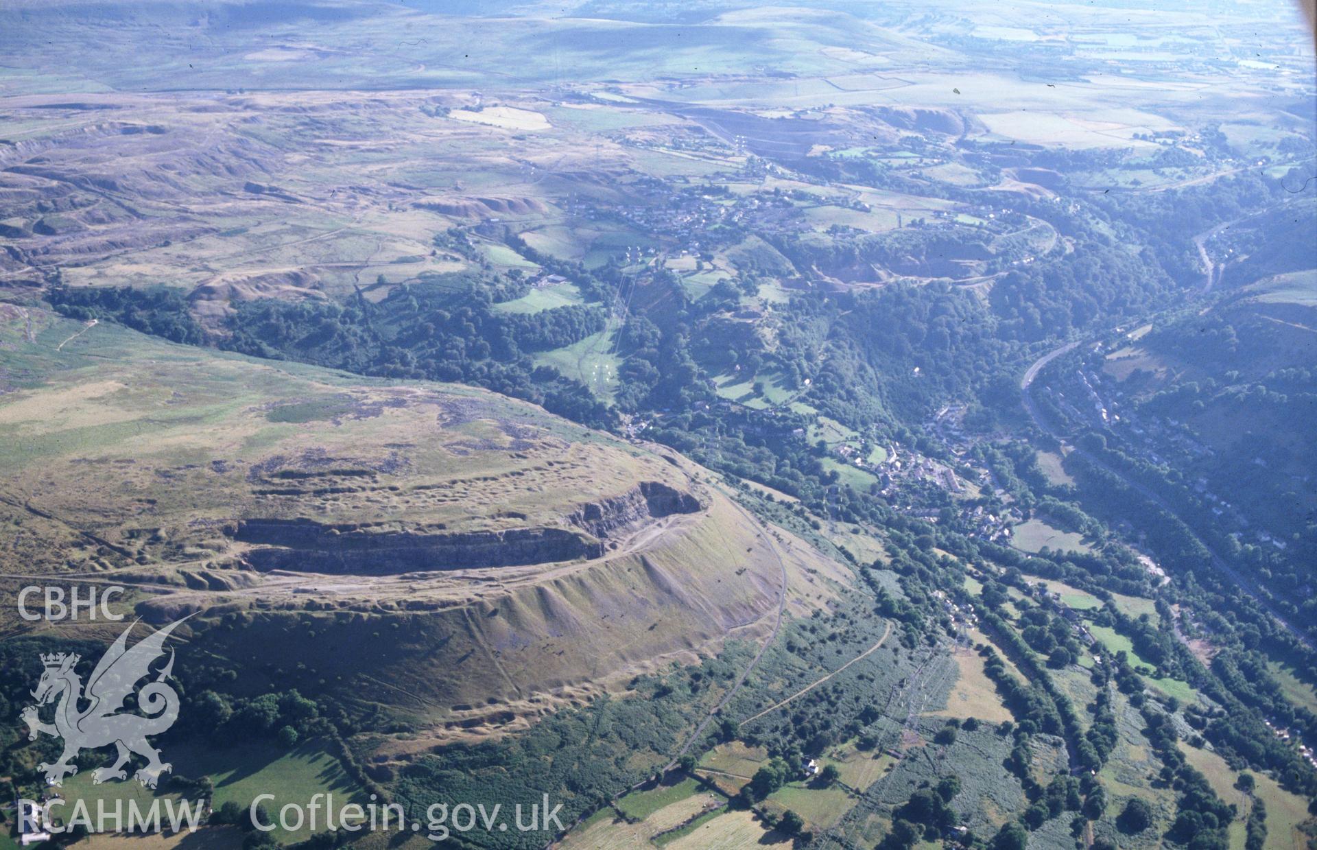 Slide of RCAHMW colour oblique aerial photograph of Gilwern Hill North Quarry, Gilwern Hill, Clydach, taken by C.R. Musson, 7/8/1990.