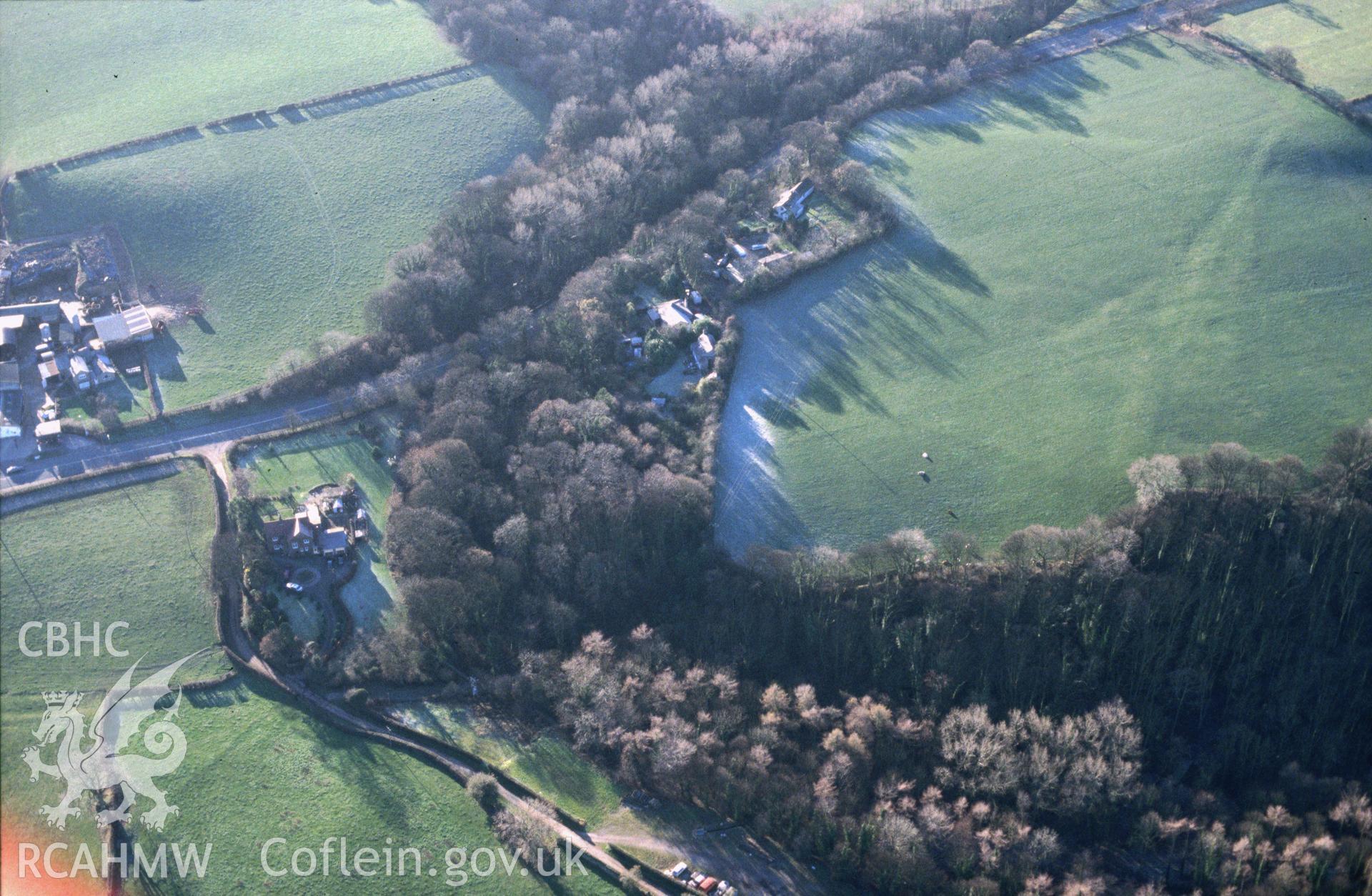 Slide of RCAHMW colour oblique aerial photograph of Ewloe Castle, taken by C.R. Musson, 22/12/1996.