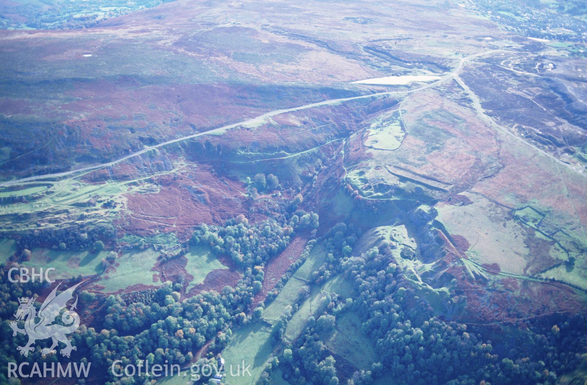 Slide of RCAHMW colour oblique aerial photograph of Pwll-du Limestone Quarries, Blaenavon, taken by C.R. Musson, 19/10/1992.