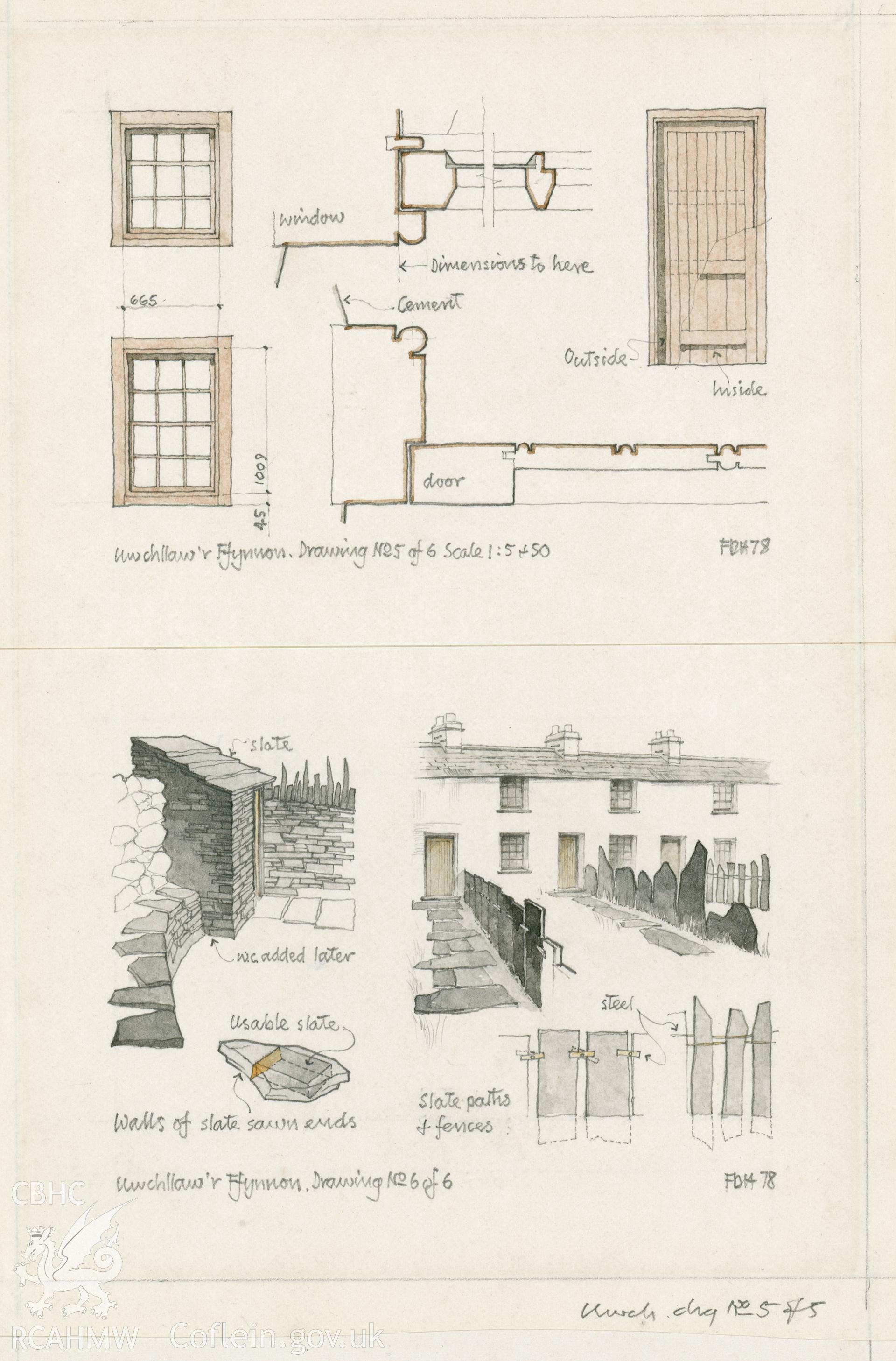 Uwchllaw'r Ffynnon - Detail of openings & fences: (pencil and watercolour) drawing.