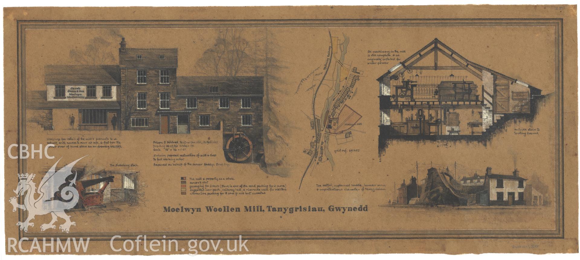 Moelwyn Mill: (ink, candlewax and watercolour) final drawing, relating to restoration and addition of shop and flat.