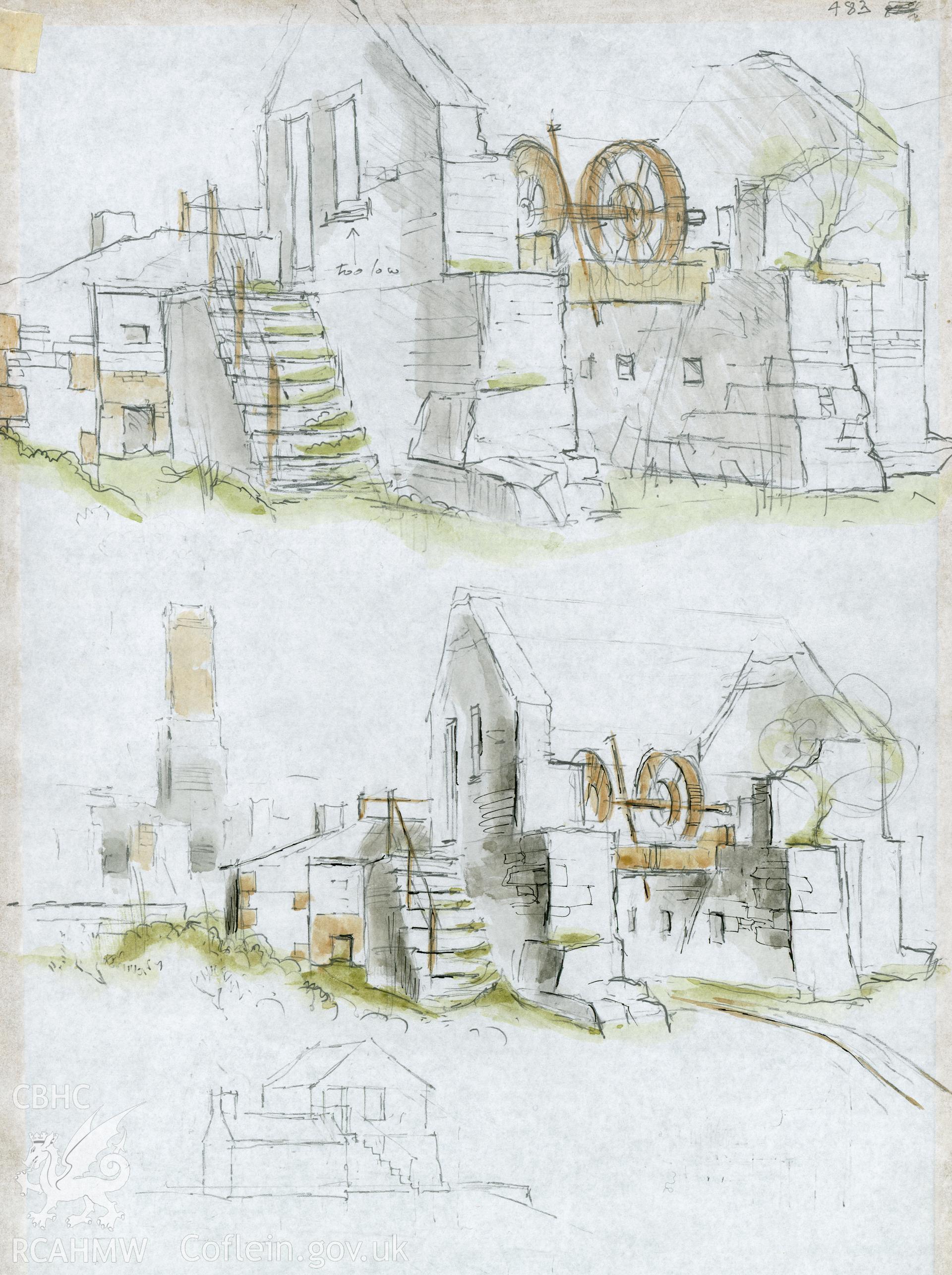 Steam Mill - Diffwys Quarry: (pencil, ink and watercolour) site study of two views of Drum House with Weighbridge, from the edge of the incline.