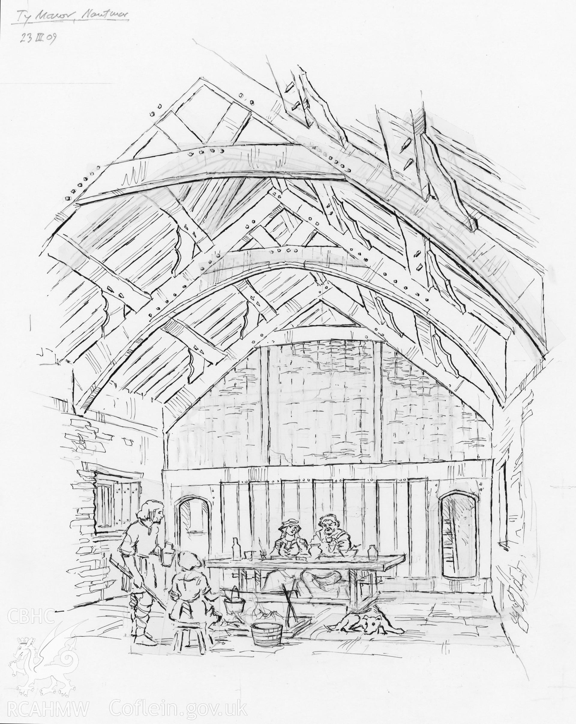 Margaret Dunn Series - Ty Mawr, Nantmor: (pencil, ink and watercolour) drawing showing reconstruction of interior.