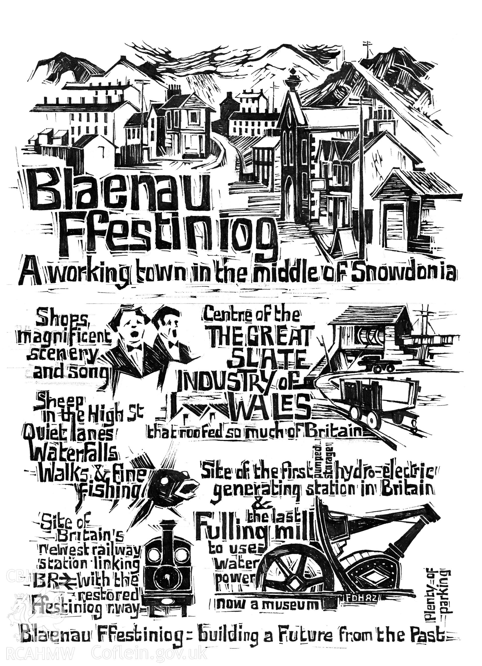 Poster '82 - Blaenau Ffestiniog: original (ink) design for lino-cut poster.