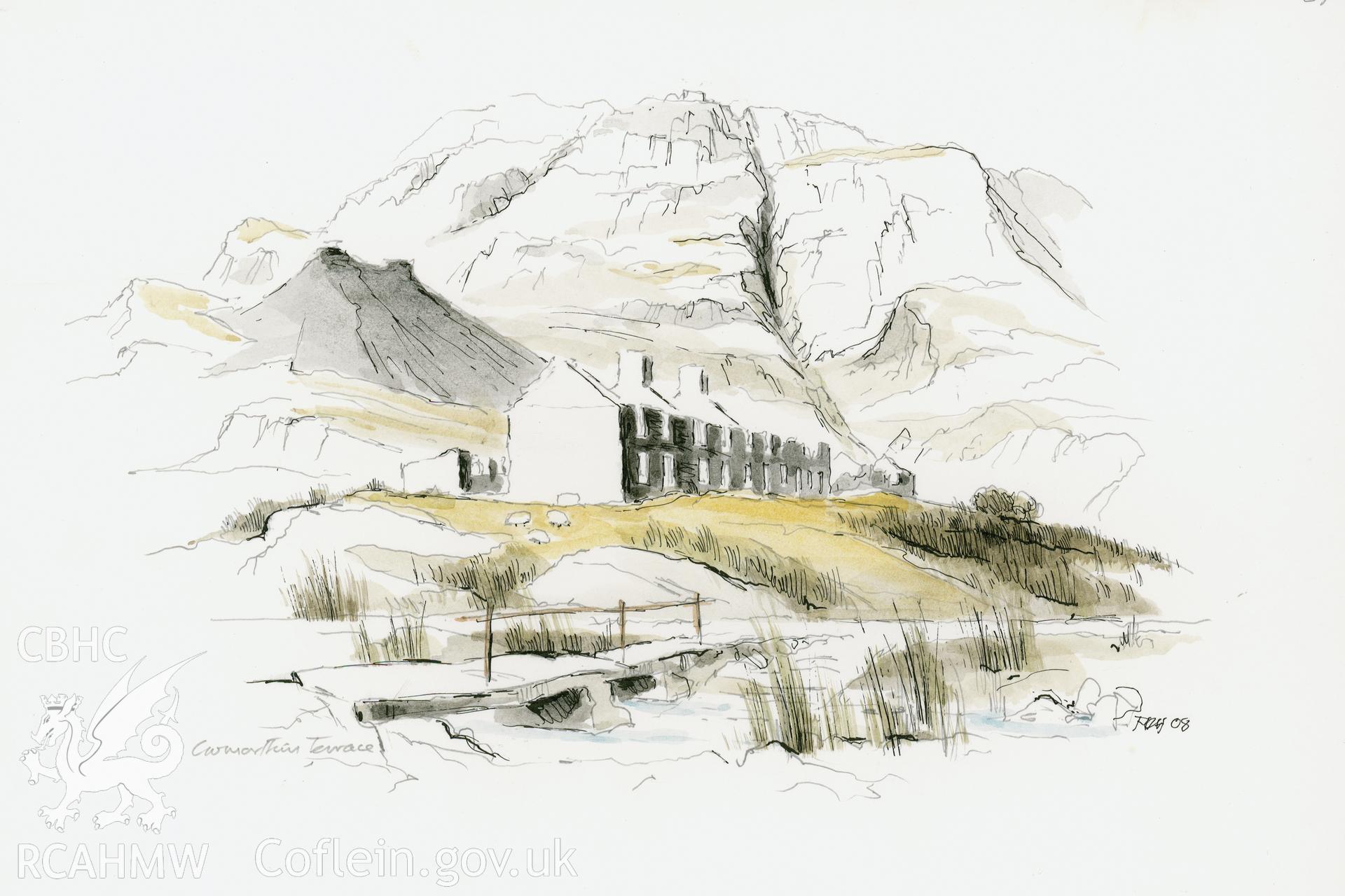 Cwmorthin Terrace: (pencil and ink) drawing. Noted as part of the Hatherill Series: number 7 of 8.