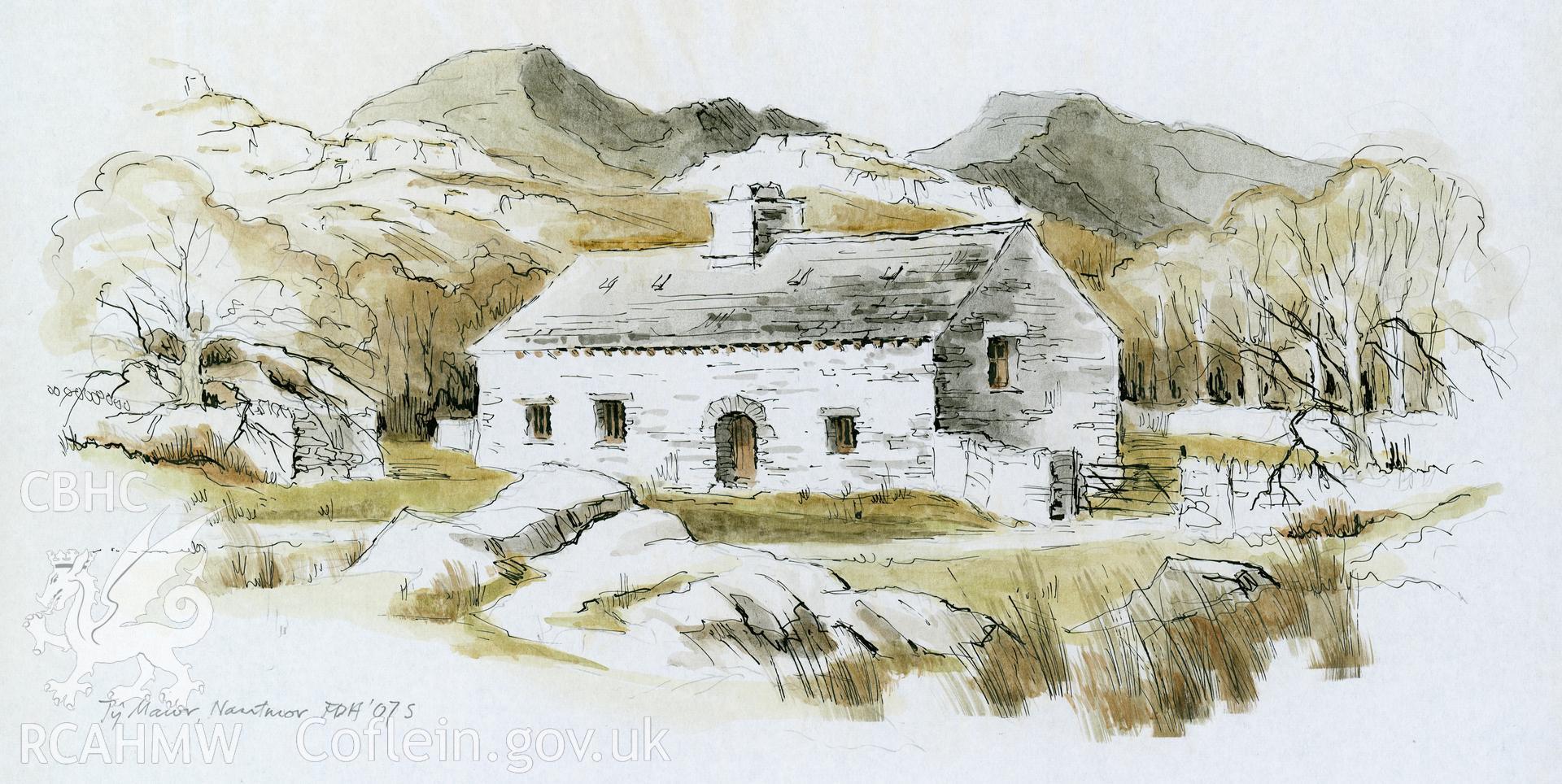 Margaret Dunn Series - Ty Mawr, Nantmor: (pencil, ink and watercolour) drawing showing exterior.