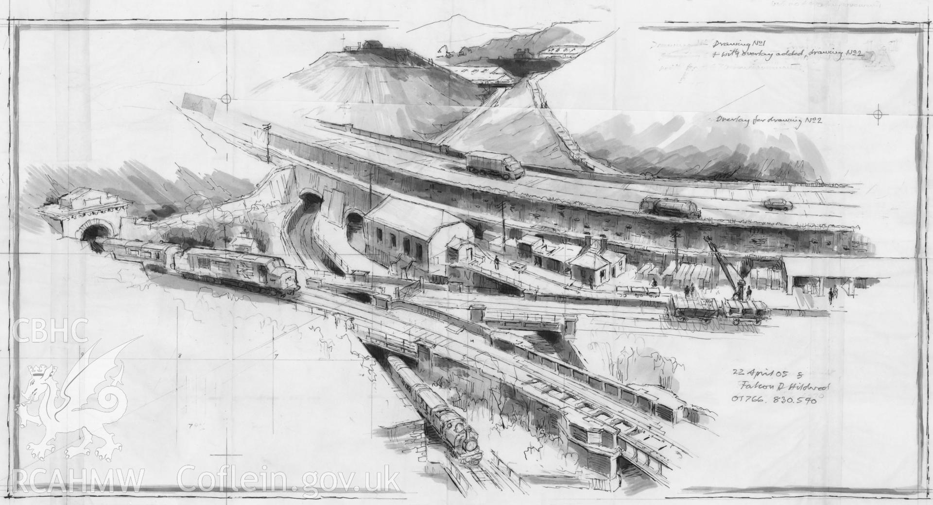 Llechwedd Quarry on the A470: (ink and watercolour) on-site drawing showing historic site restored and working, with road as existing and overlaid as proposed.