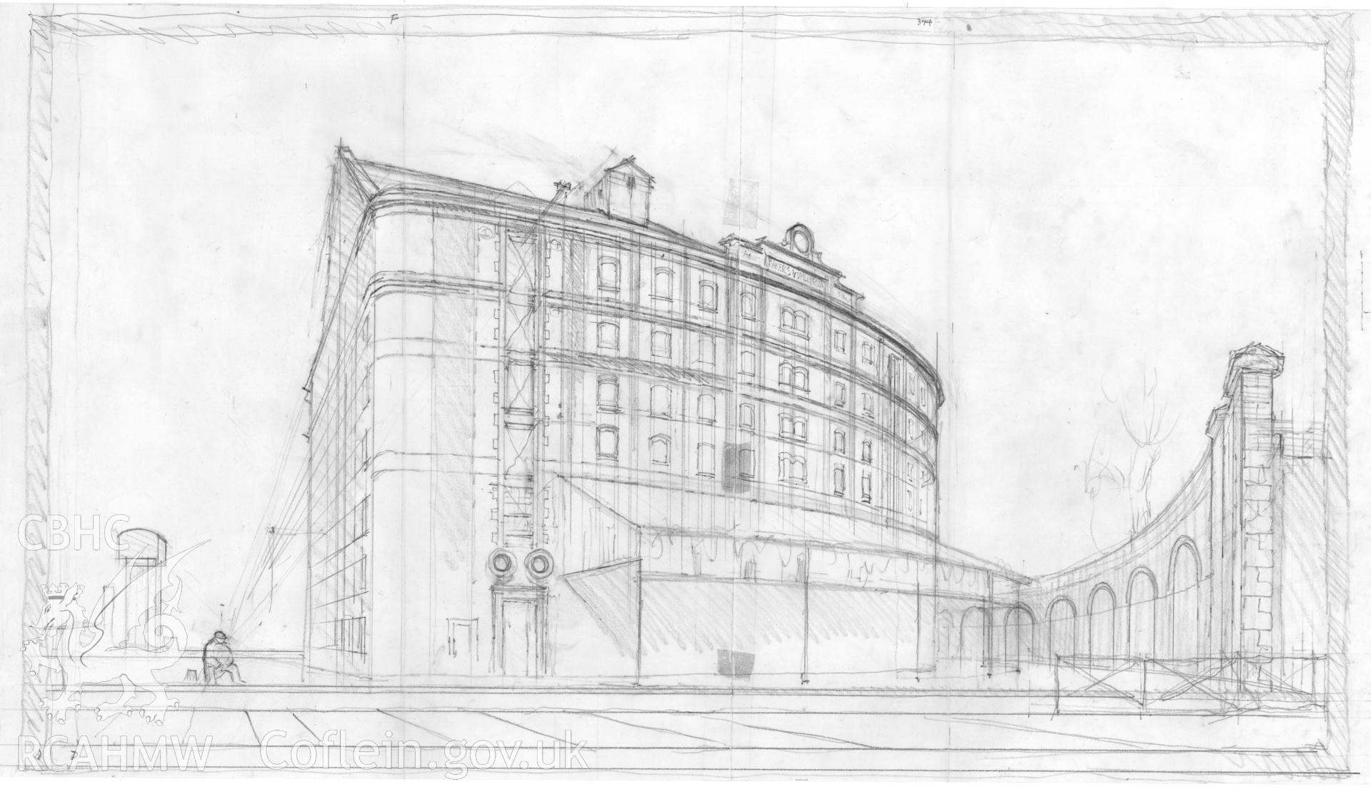 Originals on Tracing - Spillers Curved Warehouse: preliminary drawing for Cardiff Exhibition, 1987.