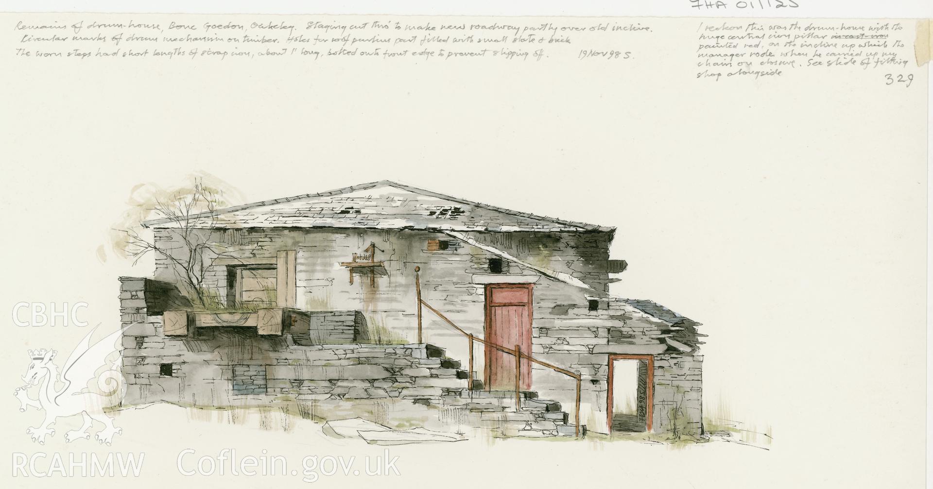 Oakeley Quarry - Remains of Bonc Goedan Winding House: (ink and watercolour) drawing.