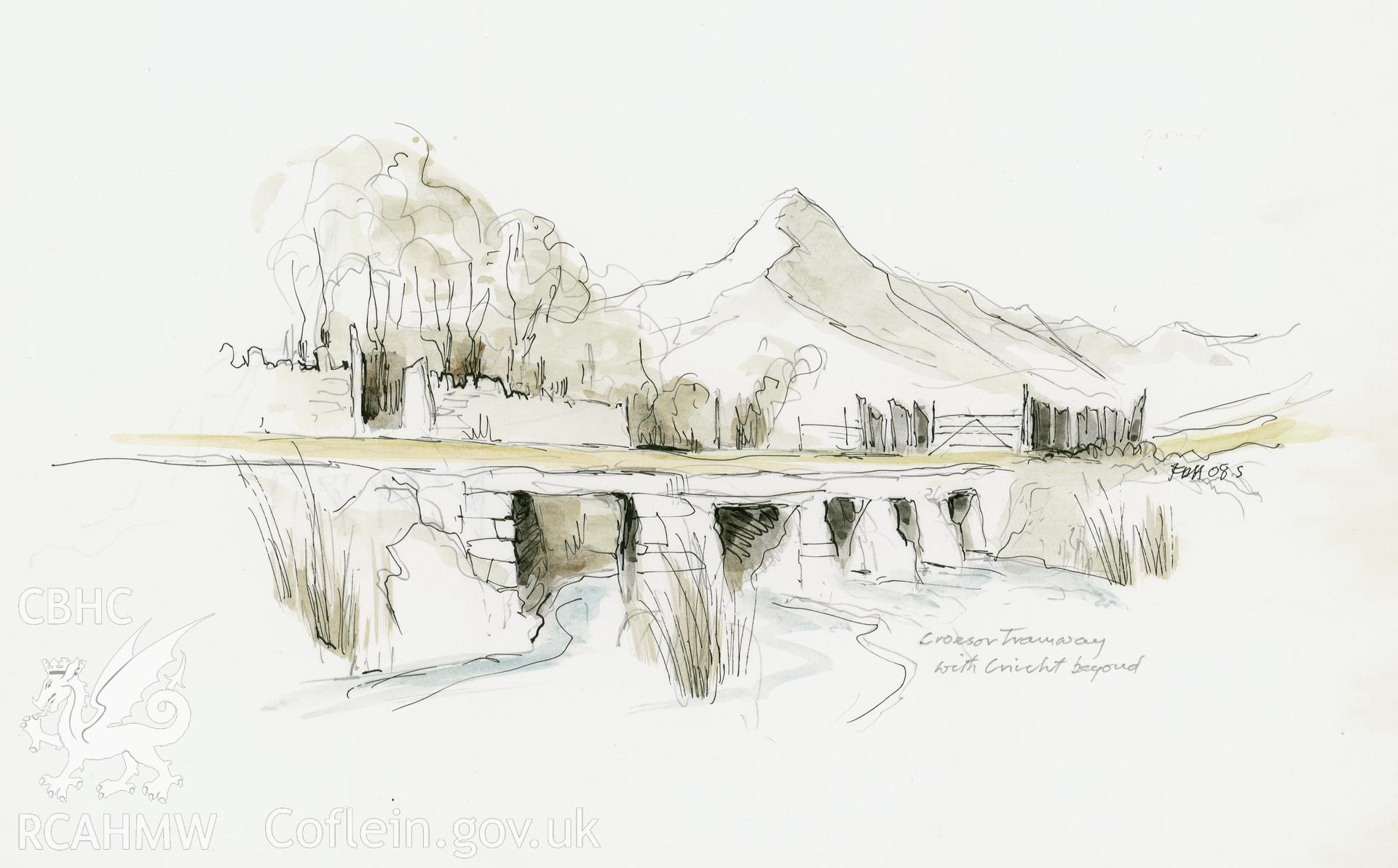 Croesor Tramway - Clapper bridge: (pencil, ink and watercolour) drawing. Noted as part of the Hatherill Series: number 2 of 8.