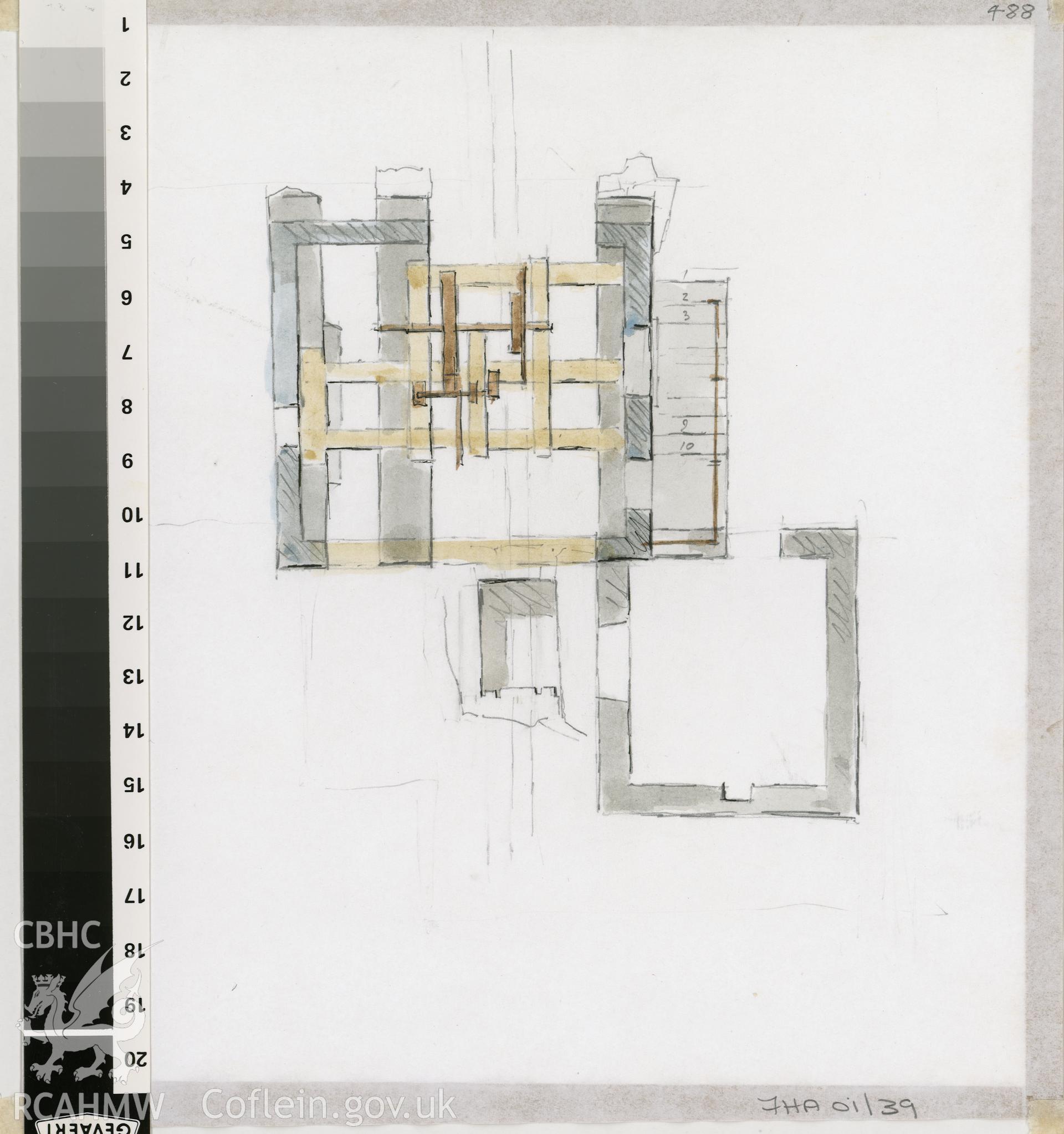 Steam Mill - Diffwys Quarry: (pencil, ink and watercolour) detail plan of Drum House with Weighbridge.