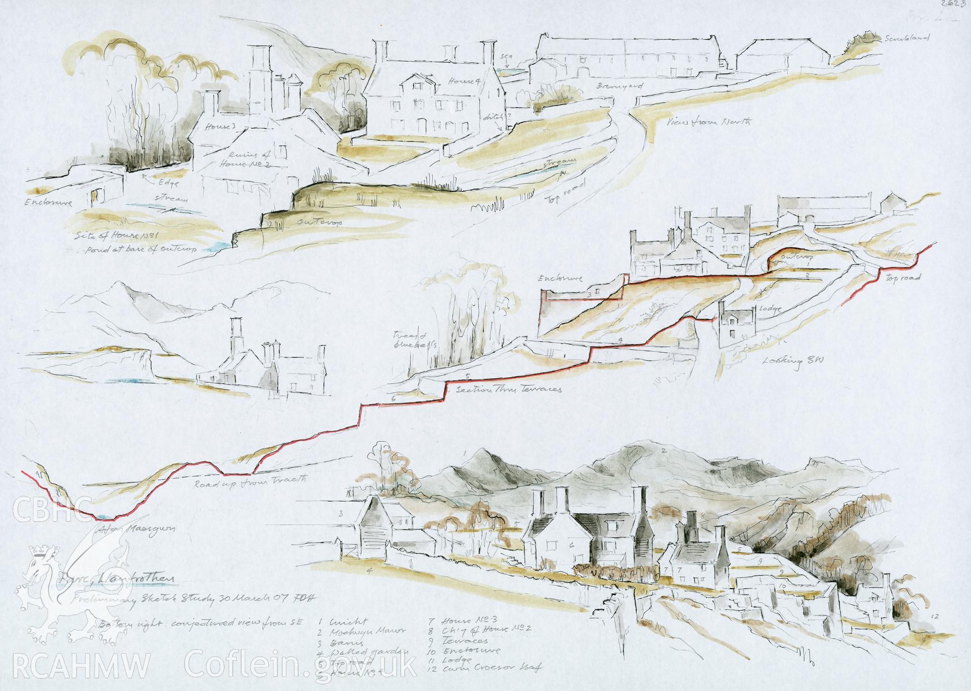 Margaet Dunn Series - Parc: (pencil, ink and watercolour) composite drawing of 4 views, showing section.