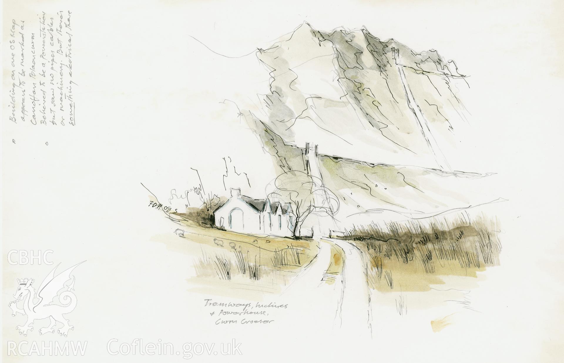 Croesor Tramway - Powerhouse & Inclines: (pencil, ink and watercolour) drawing. Noted as part of the Hatherill Series: number 3 of 8.