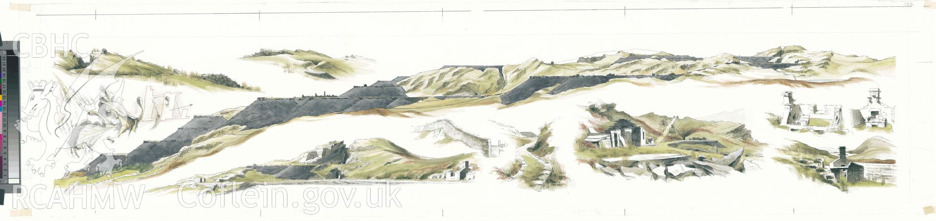 Diffwys Quarry: (pencil, ink and watercolour) finished drawing.